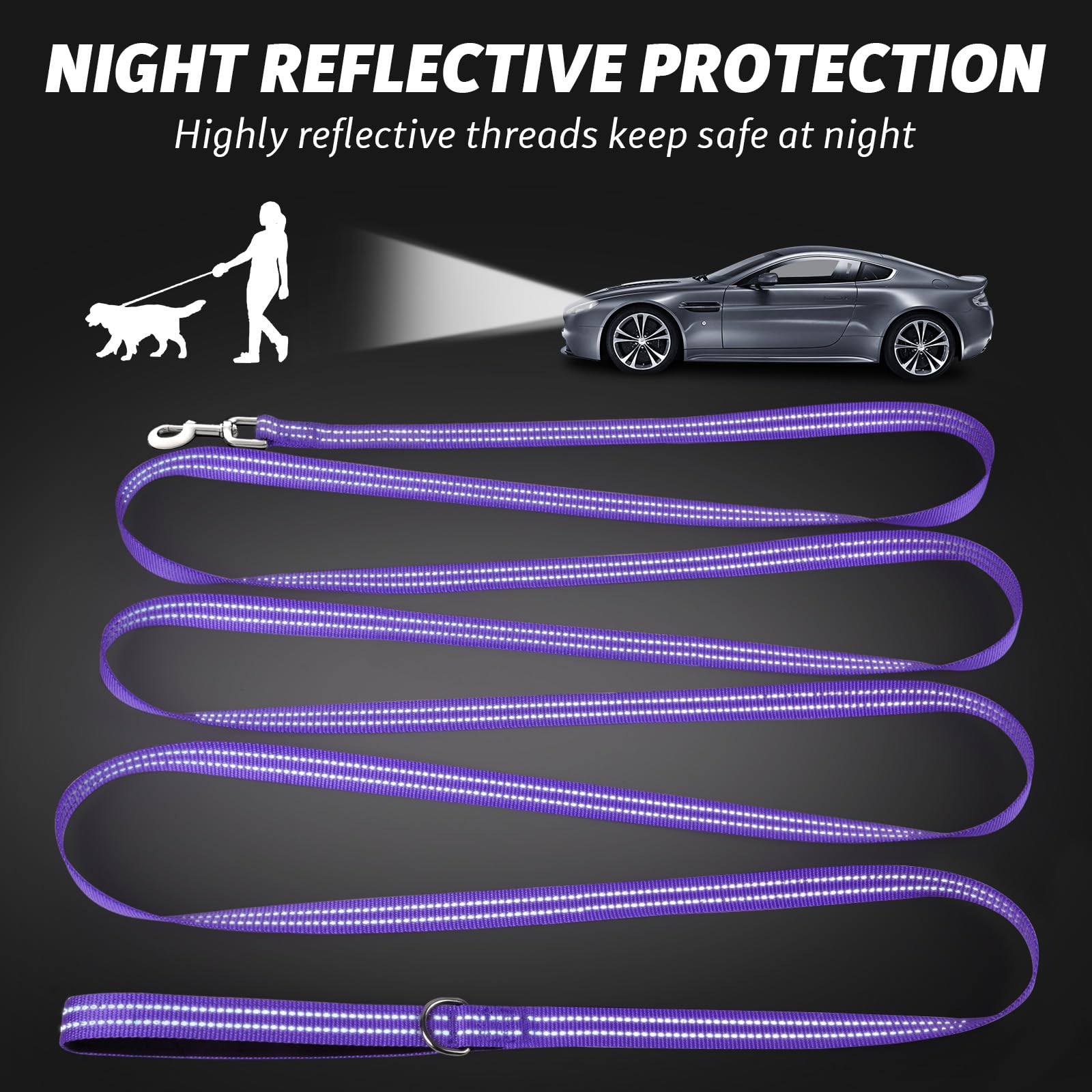 Xiaz 20 Feet Dog Training Leash, Nylon, Purple, Reflective, Padded Handle, 550 Lbs Bearing, Lightweight Suitable For Small, Medi