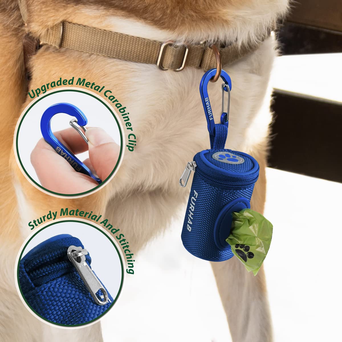 FURHAB Dog Poop Bag Holder - Soft Fabric Zipper Pouch with Carabiner, 1 Count, Royal Blue, 1680D Nylon, Model PBD-RB