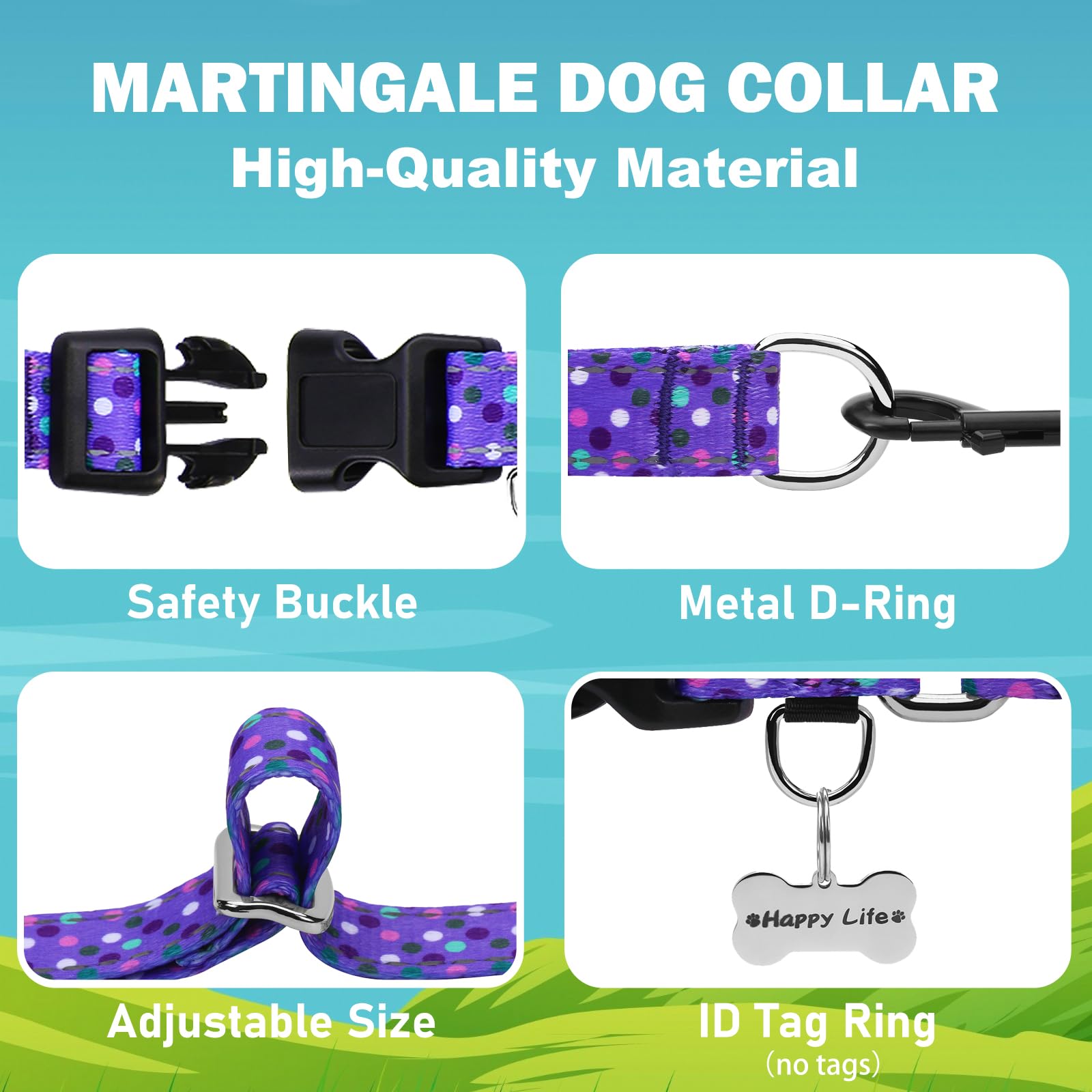 Fidohug Reflective Martingale Collar For Dogs With Quick Release Buckle Cute No Pull Training Dog Collars (Purple Polka Dot, Sma