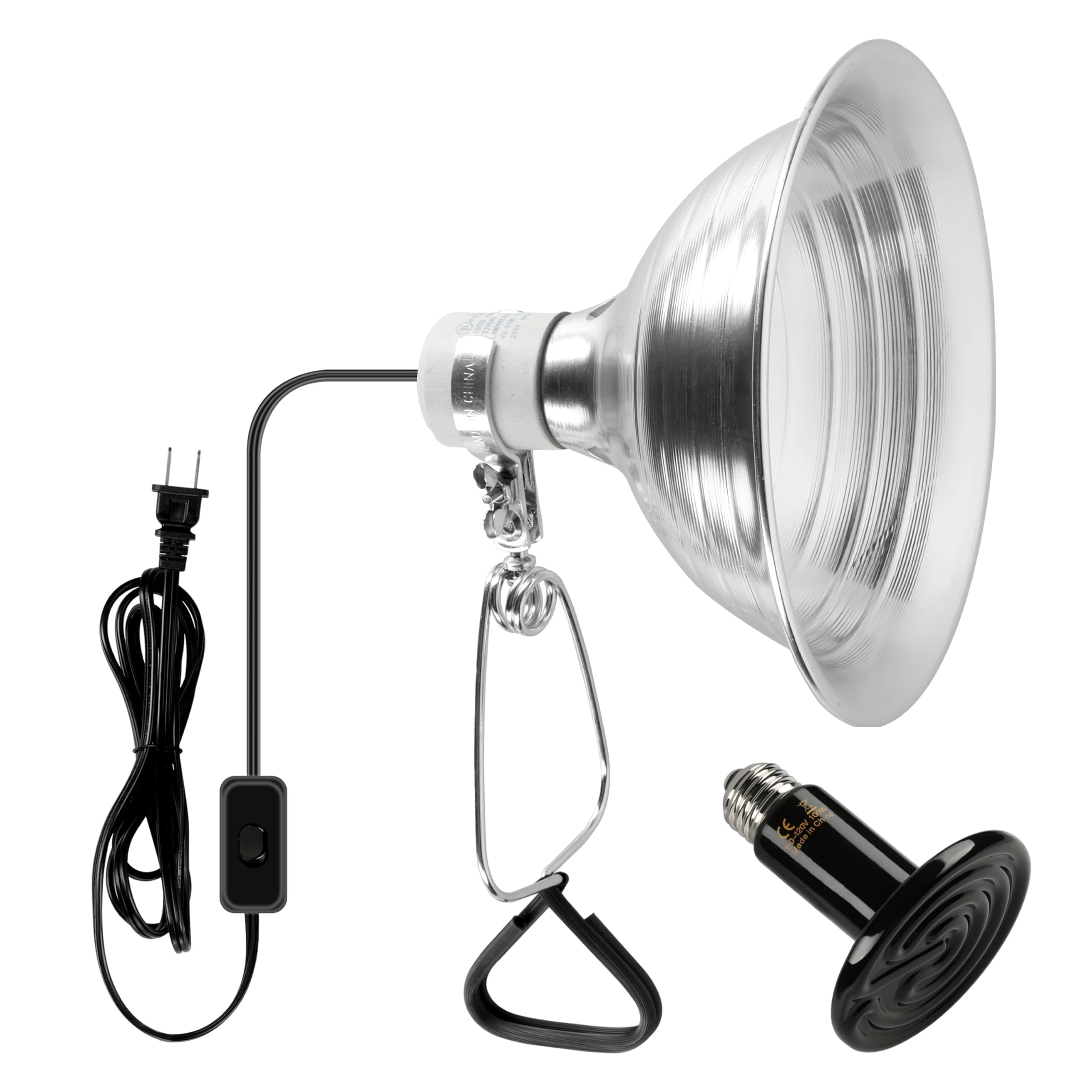 Simple Deluxe 100W Ceramic Reptile Heat Lamp Bulb & 150W Clamp Light With 8.5'' Aluminum Reflector Combo For Amphibian Pets, Sil