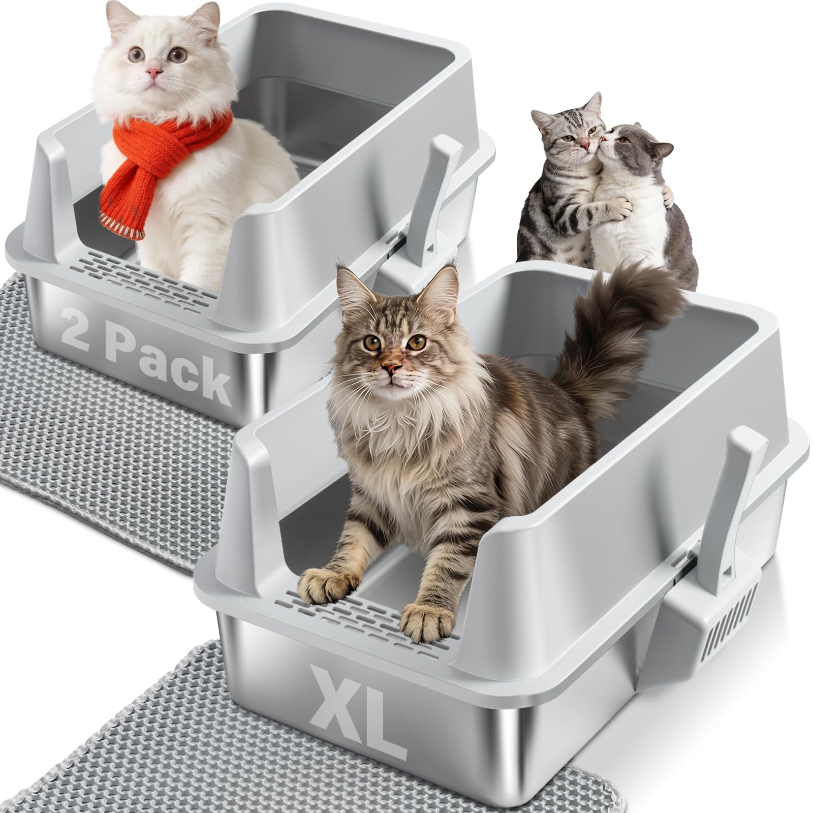 2PACK Stainless Steel Cat Litter Box with High Sides Lid, Extra Large Litter Boxes for Big Cats, XL Metal Kitty Litter Box, Anti