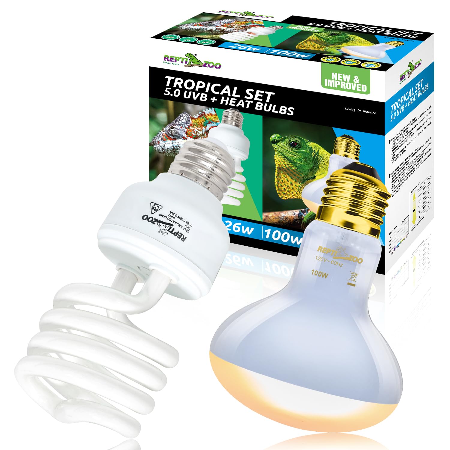 Reptizoo Reptile Heat Lamp Combo Pack, 100W Uva Daylight Basking Spot Light Heating Lamp And 26W Uva Uvb Reptile Light Energy Sa