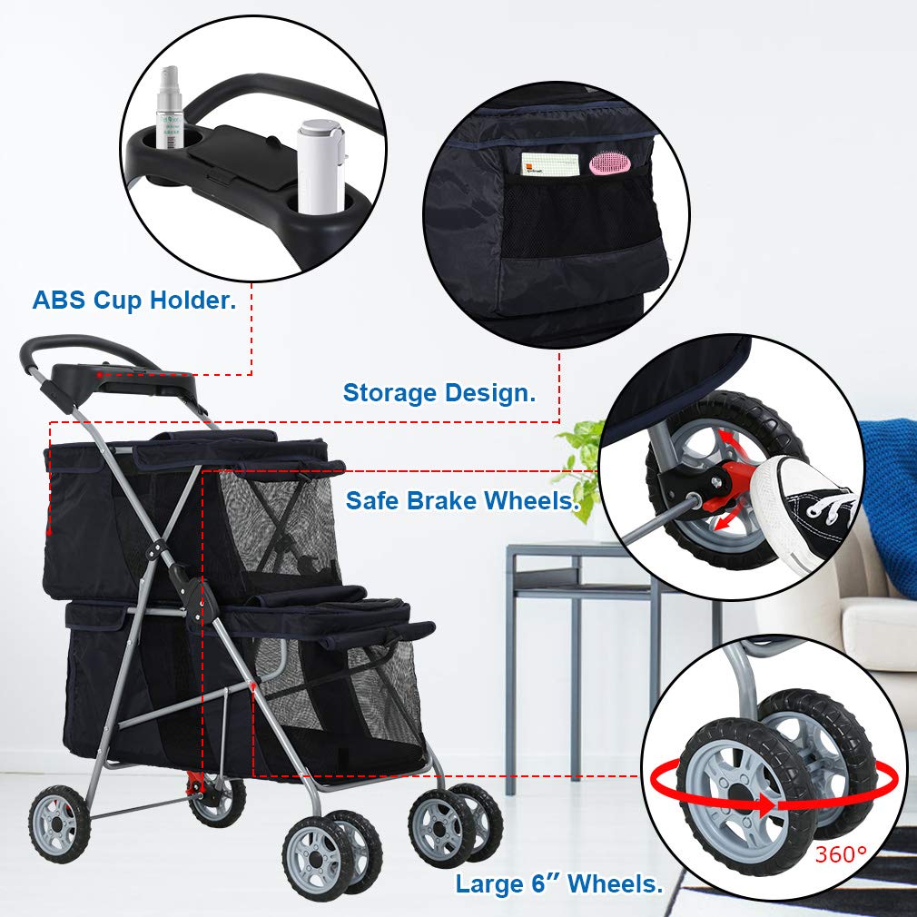 Dog Stroller Cat Pet Carriers for Small Medium Dogs Cats Travel Camping 4 Wheels Lightweight Folding Crate Stroller with Soft Pa
