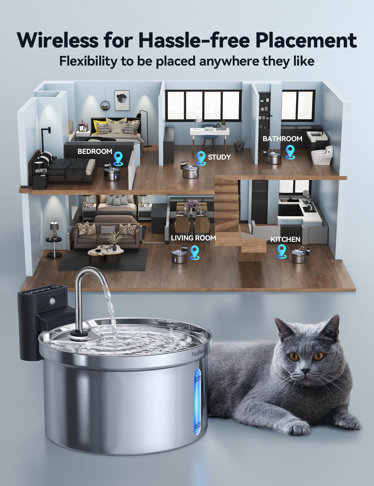Wireless Cat Water Fountain Stainless Steel [Water & Battery Separation] Feelneedy Smart Pet Water Fountain, 4000Mah Battery Ope