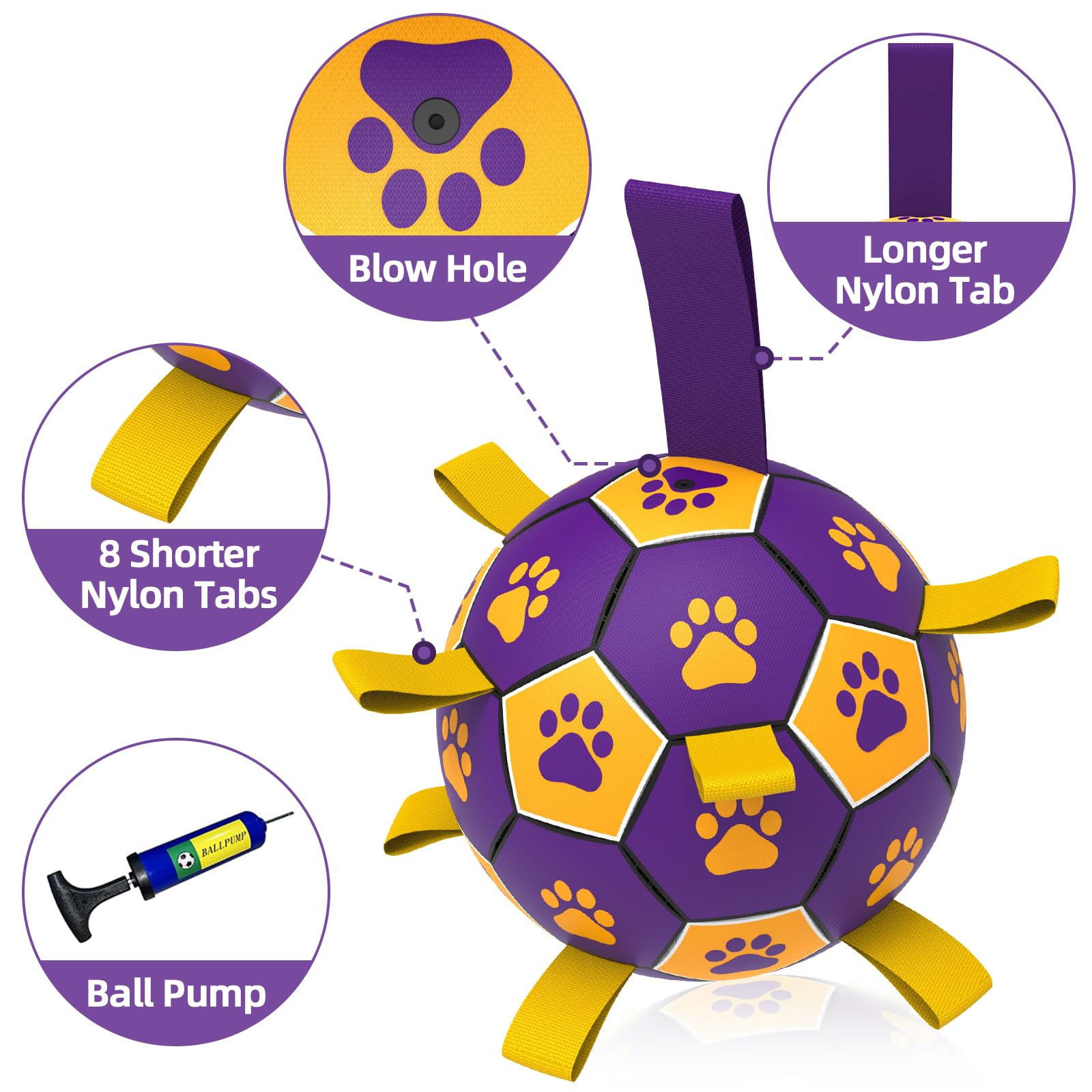 QDAN Dog Soccer Ball - Interactive Tug Toy for Small & Medium Dogs, Durable Polyurethane, Yellow Purple, 6 Inch