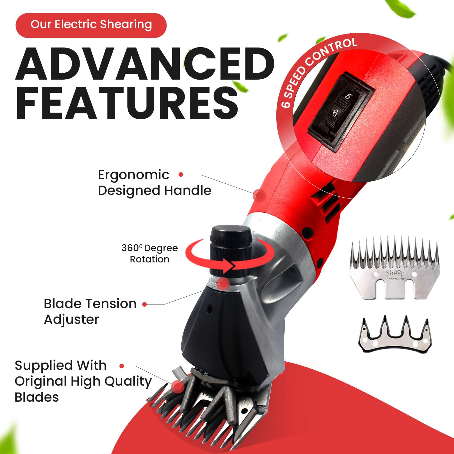Sheep Shears Pro 110V Heavy Duty Electric Clippers, 500W, 6 Speed, for Sheep, Goats, Cattle, with Grooming Case - Red