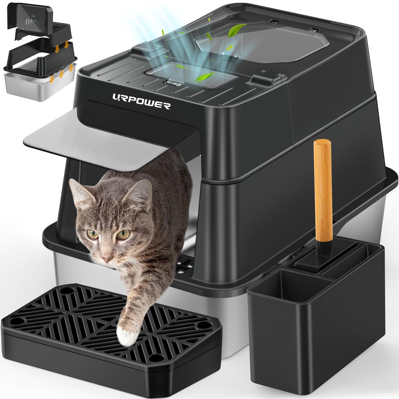URPOWER Stainless Steel Cat Litter Box with Lid 110 Flip-Top Extra Large Enclosed Litter Box Non-Sticky Metal Pan with High Side