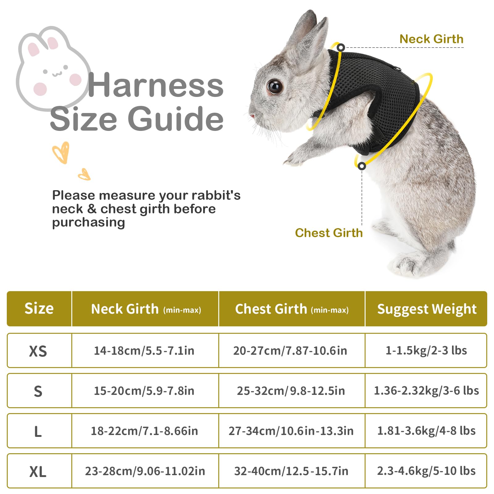 Pettom Bunny Rabbit Harness With Stretchy Leash Cute Adjustable Buckle Breathable Mesh Vest For Kitten Small Pets Walking (L(Che