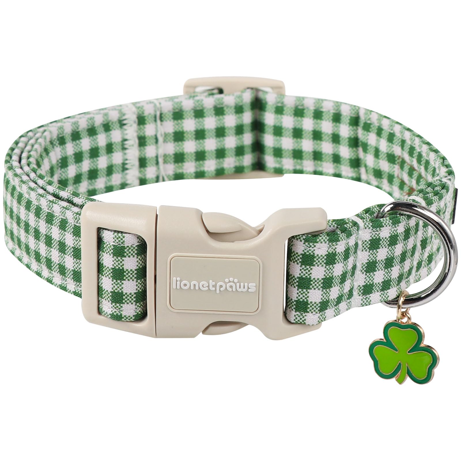 Lionet Paws St. Patrick Dog Collar, Comfortable Adjustable Green Collar With Green And White Grid Pattern For X-Large Male Femal