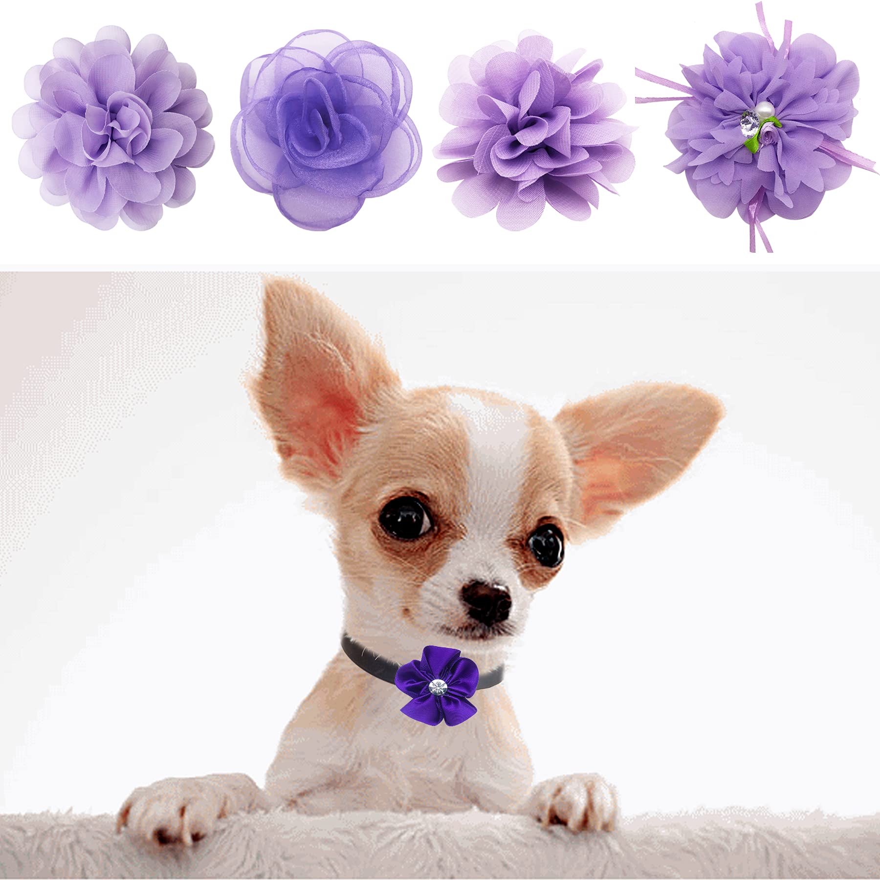 Pet Show 12Pcs Purple Dog Collar Bows And Flowers Attachment For Girls Puppies Cats Female Small Medium Dogs Collars Embellishment Decor For Wedding Birthday Parties Grooming Pet Collar Accessories
