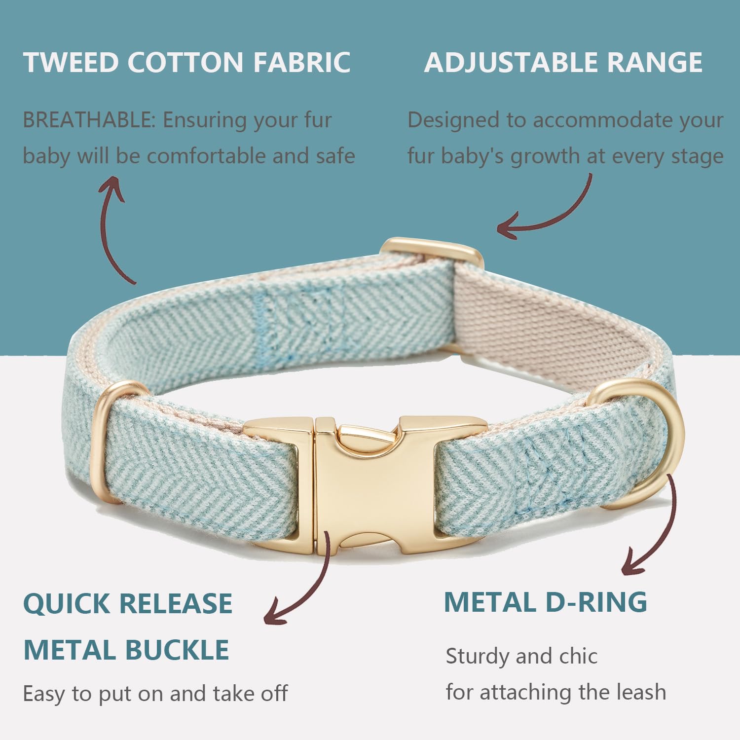 YUDOTE Soft Cotton Hemp Dog Collar with Metal Buckle Adjustable Twilled Dog Collars for Small Medium Large Dogs(Blue,Medium)