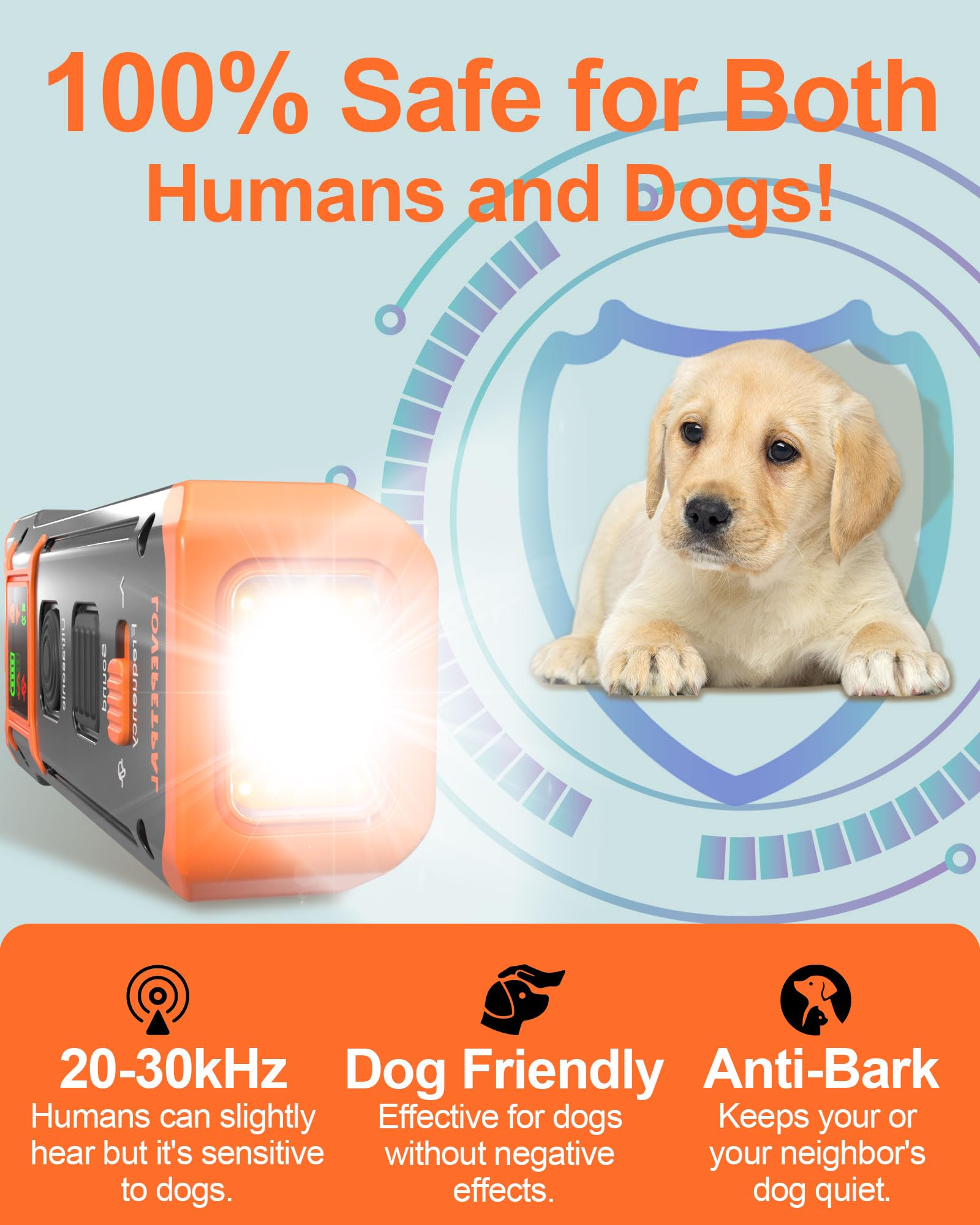 LOVEPETPAL Dog Training Bark Deterrent Device XP-20, Orange, Anti-Barking with HD Display & LED Flashlight, Ultrasonic Stopper