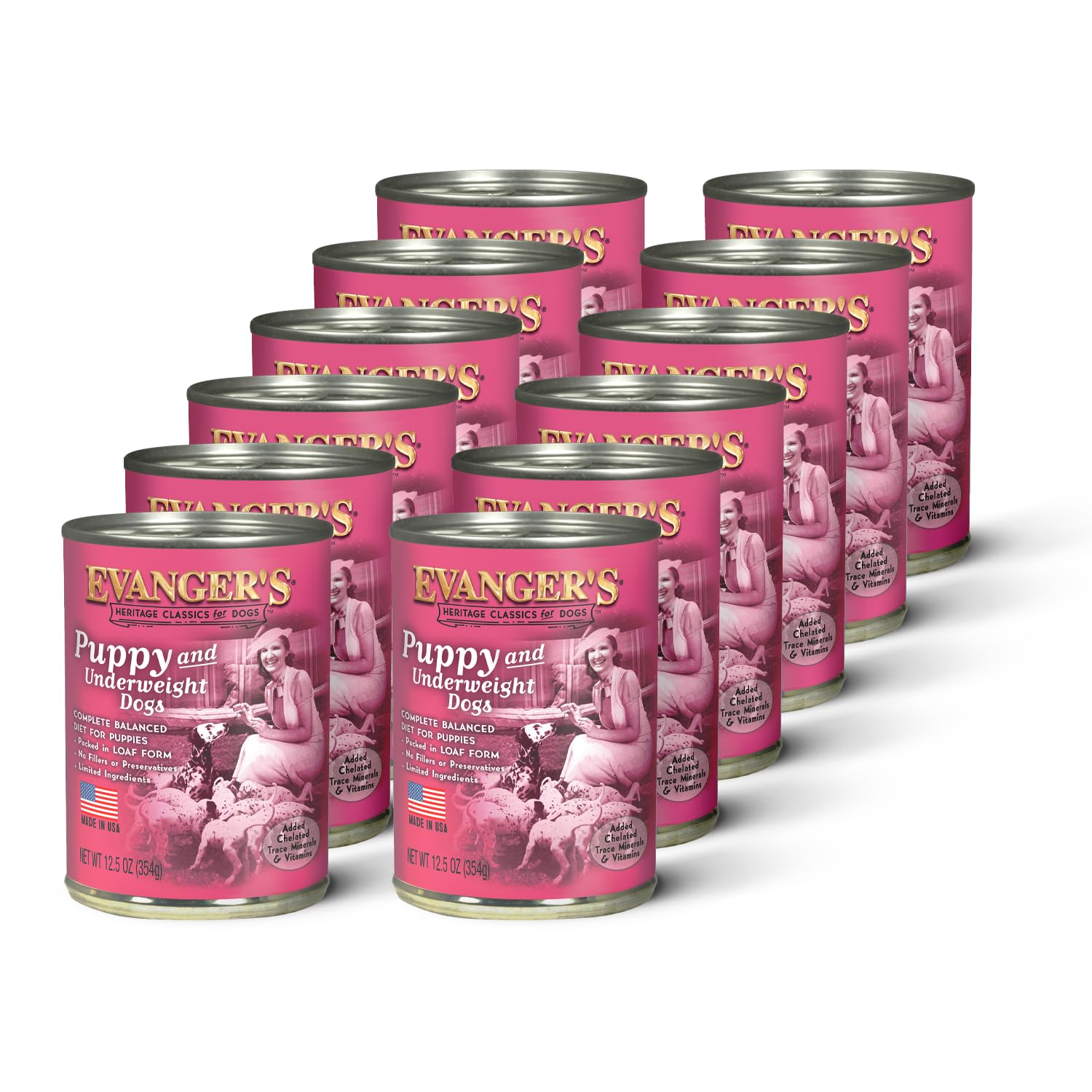 Evangers Heritage Classic Puppy and Underweight - 12 Count, 12.8 oz Each - Wet Dog Food with Chicken - Gluten-Free Loaf Style M