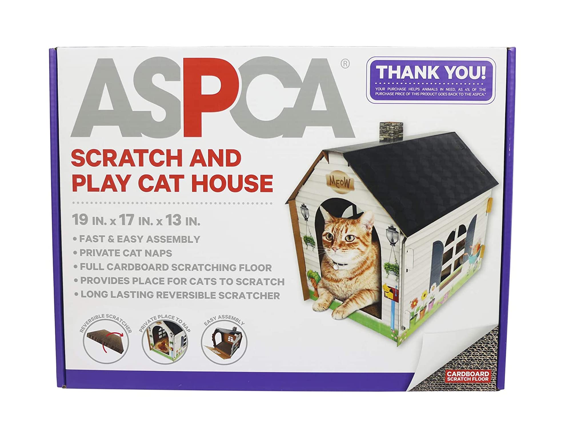 ASPCA Cardboard Cat House Playhouse with Scratching Pad 19"x13"x17" Cottage Model CAS2026