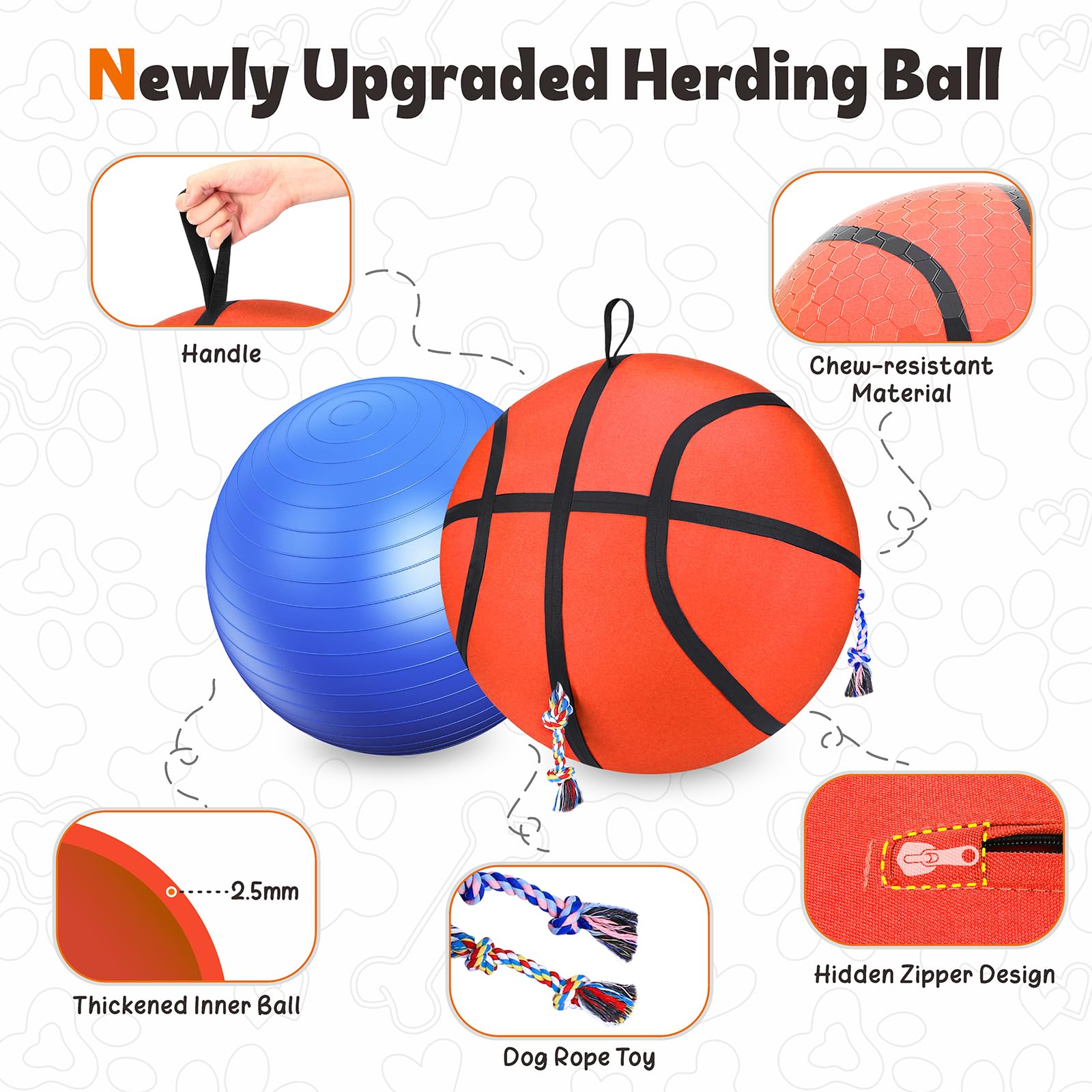 AIPERRO 25 Herding Ball for Dogs, Upgrade & Reinforce Medium to Large Dog Training Toys for Australian Shepherd, Horse Balls wit