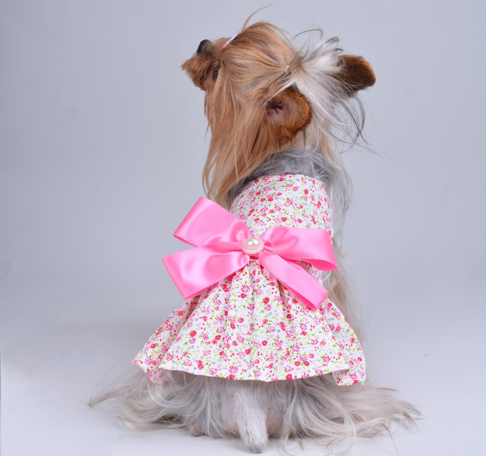 Msnfoasm Floral Print Dog Dress With Satin Bow And Pearl For Small Dogs Girl, Cat Apparel,Pink, Medium