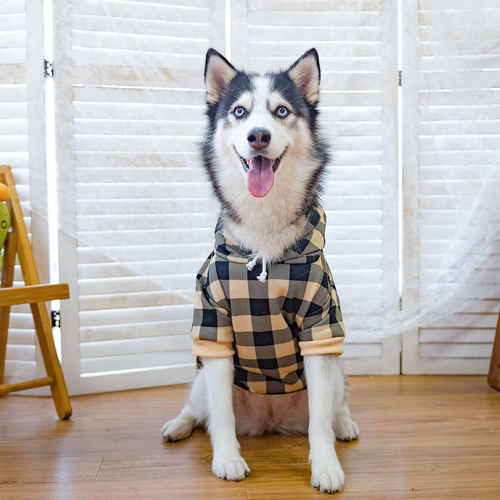 Plaid Dog Hoodie Pet Clothes Sweaters With Hat Beige Large (Pack Of 1)