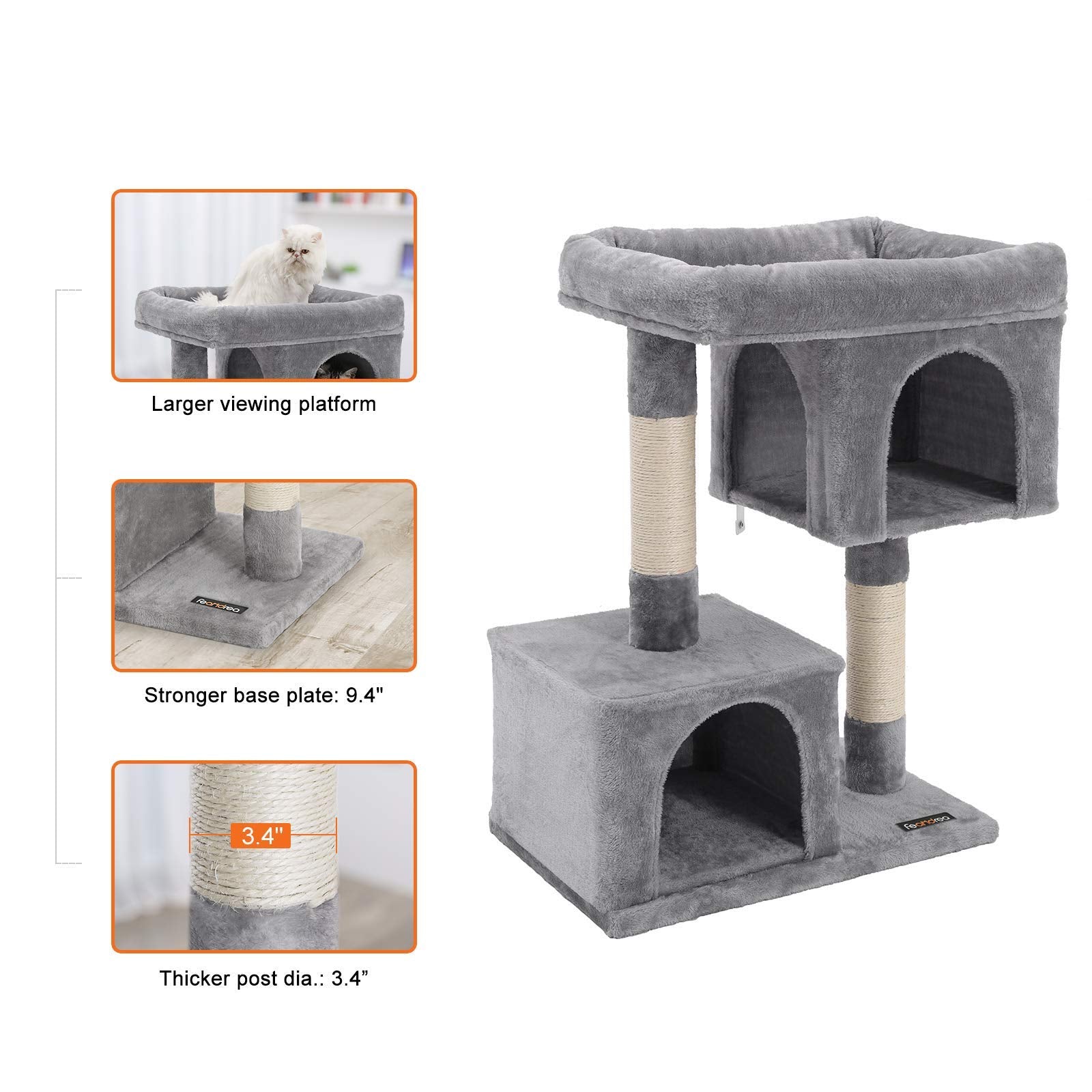 Feandrea Cat Tree, 33.1-Inch Cat Tower, Large for Cats up to 16 lb, Light Gray, 2 Cat Caves, Scratching Post, Model UPCT61