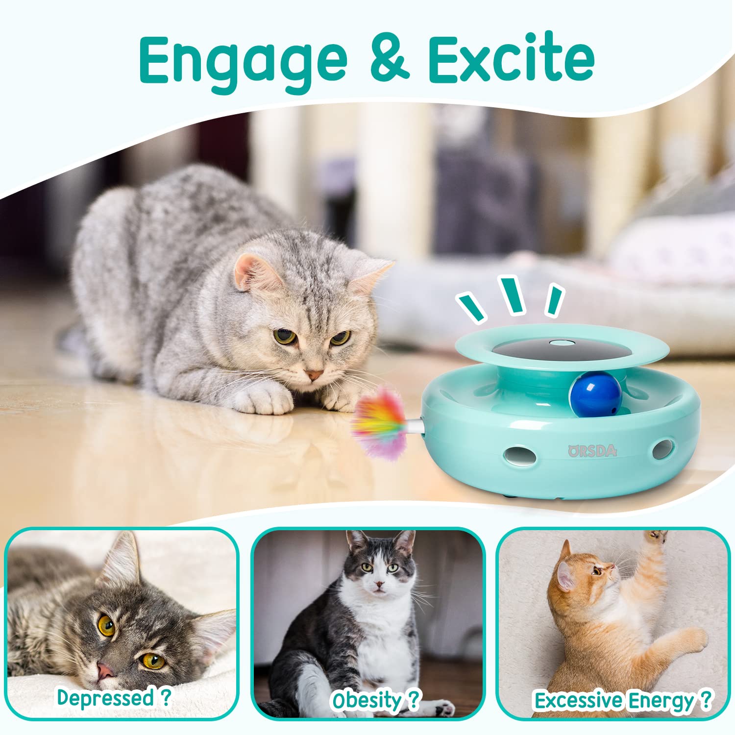 Orsda Cat Toys 2-In-1 Interactive Cat Toys For Indoor Cats, Automatic Cat Toy Balls, Mice Toys Ambush Feather Kitten Toys With 7