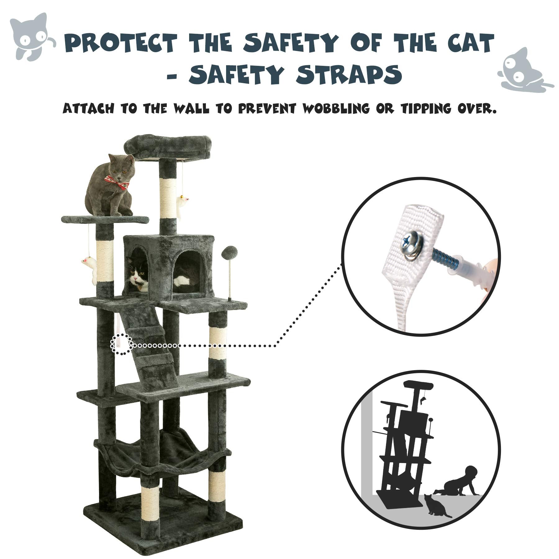Mwpo 63.8 Inches Multi-Level Cat Tree For Large Cats With Sisal-Covered Scratching Posts, Padded Platform, Hammock And Condo,Stable Cat Tower Cat Condo Pet Play House-Smoky Gray