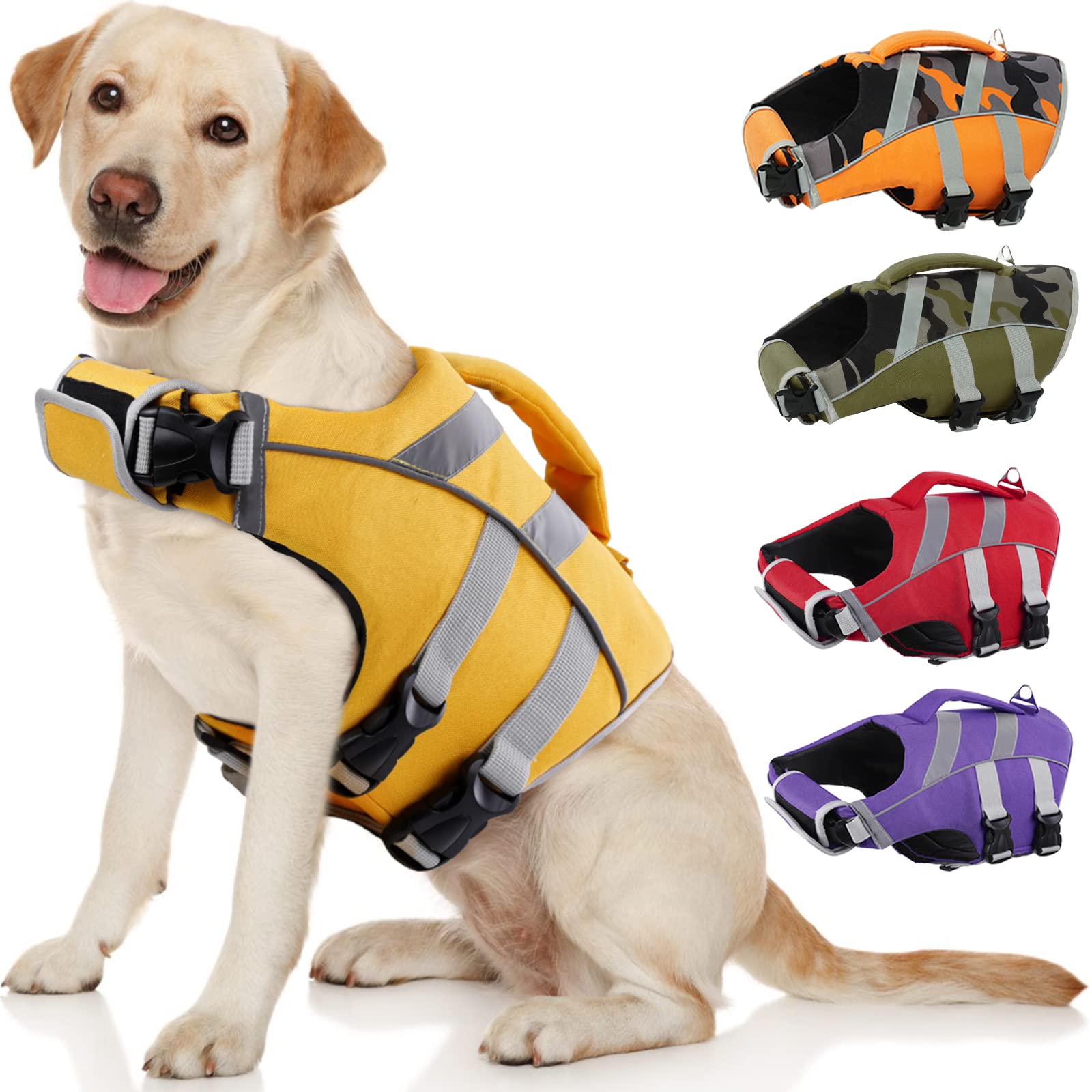 Kuoser Dog Life Jacket With Reflective Stripes, Adjustable High Visibility Dog Life Vest Ripstop Dog Lifesaver Pet Life Preserver With High Flotation Swimsuit For Small Medium And Large Dogs
