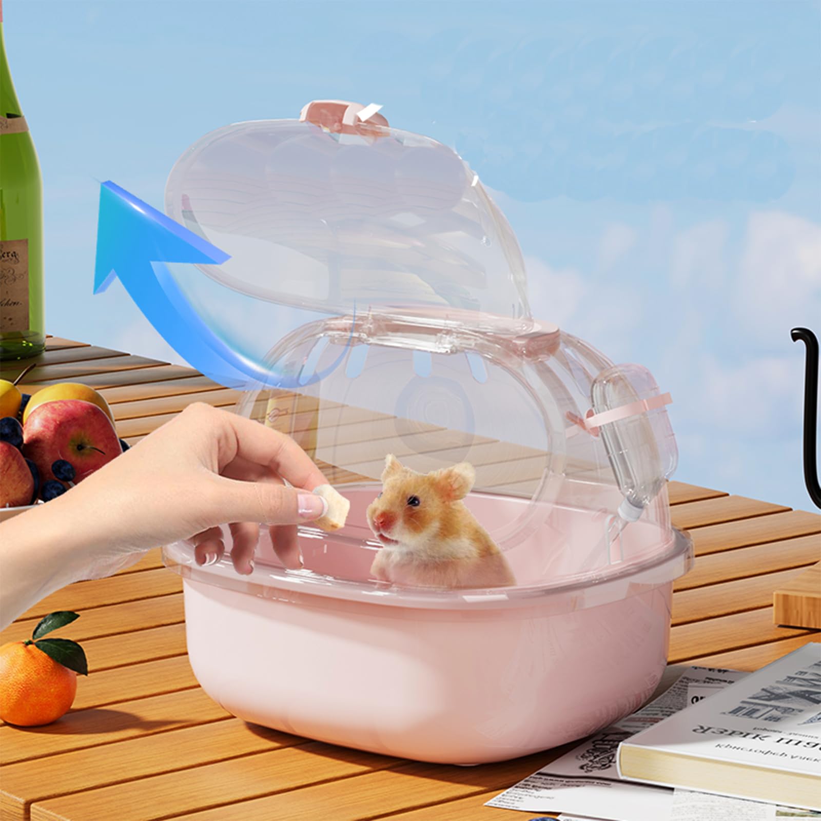 Misyue Small Pink Animal Carrier Cage with Water Bottle - Portable Hamster Travel Case for Gerbils, Mice, and Dwarf Hamsters