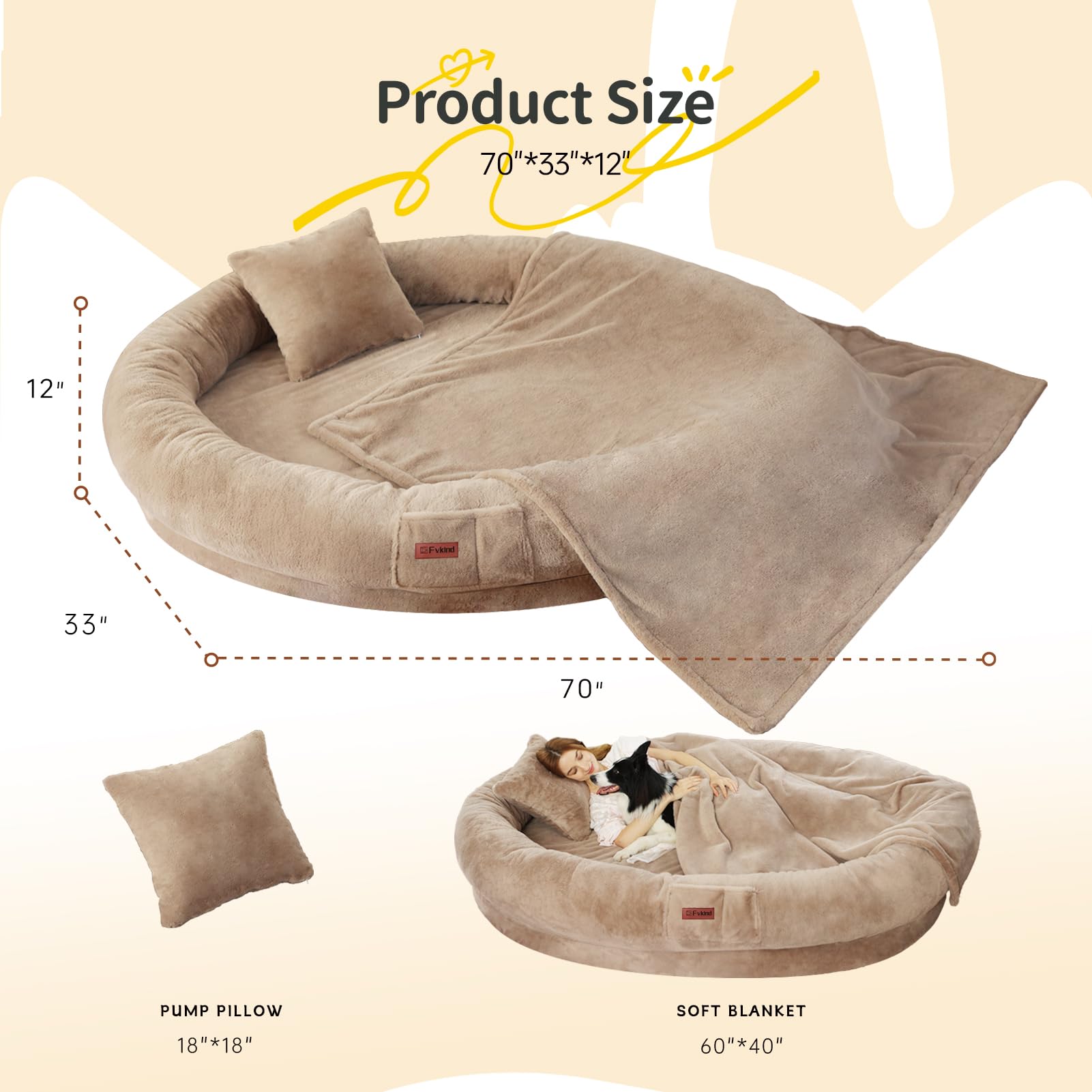 Fvkind Human Dog Bed For Adults, 73''X56''X12'' Washable Orthopedic Size, Faux Fur Removable, Cozy Large Present With Blanket An