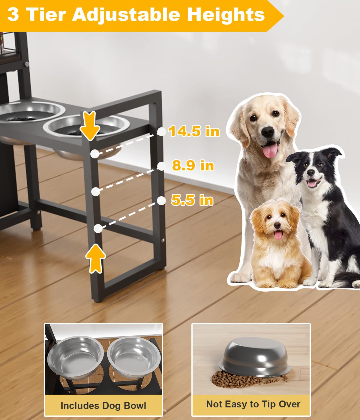 Sungaryard Elevated Dog Bowls Toy Basket Pet Feeding Station, Adjustable Dog Raised Bowl Stand with Pet Storage Organizer for La