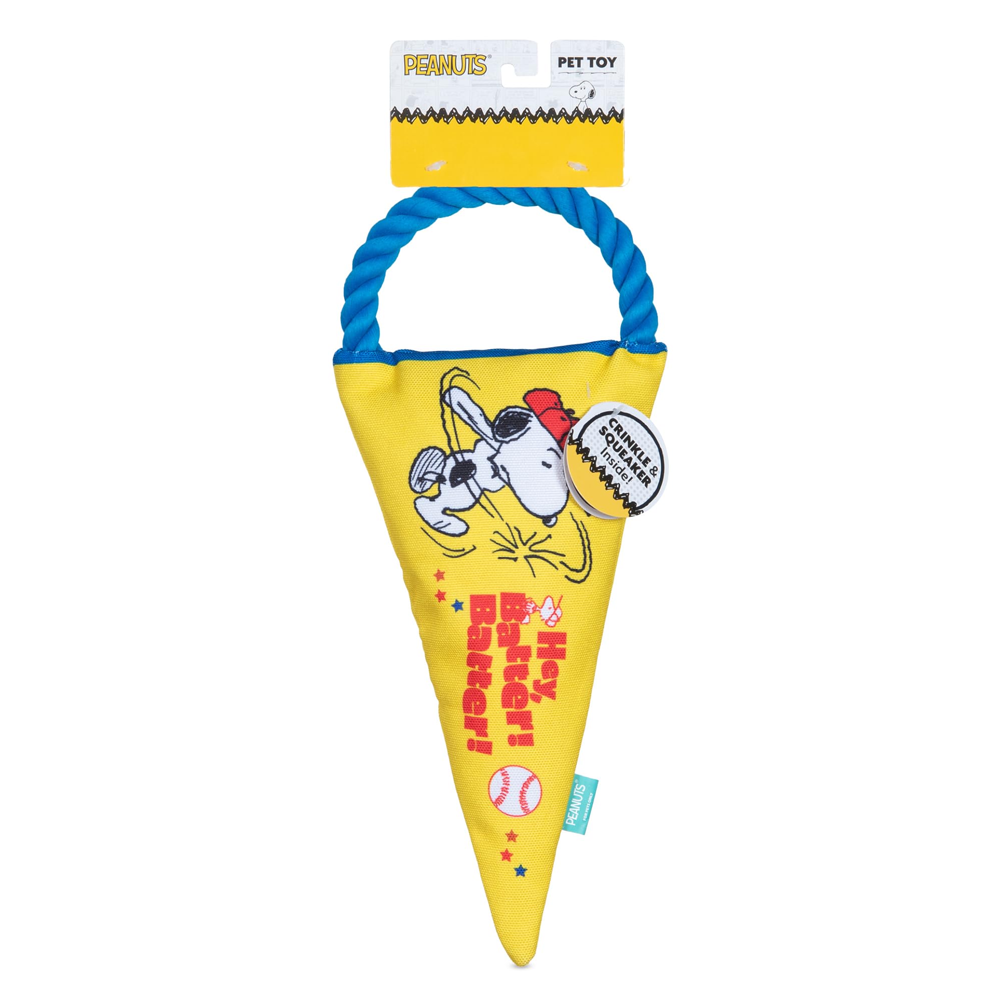 Peanuts For Pets Durable Dog Toy - Athlete Snoopy Flattie Fan Banner With Rope Tug, Squeaker, And Crinkle - Interactive Chew Toy