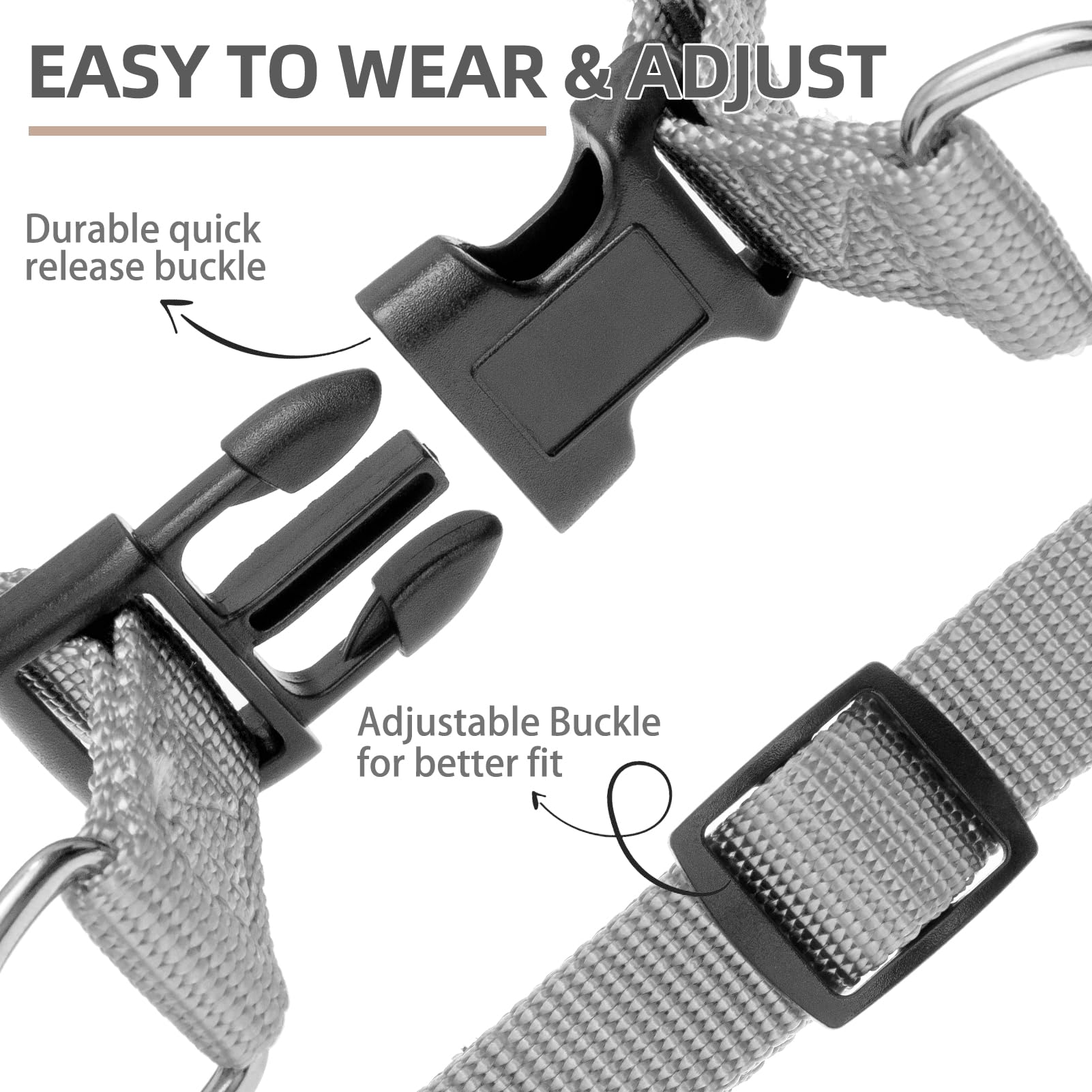 Pupteck No Pull Dog Harness Soft Adjustable Basic Nylon Step In Puppy Vest Outdoor Walking With Id Tag, Grey, L