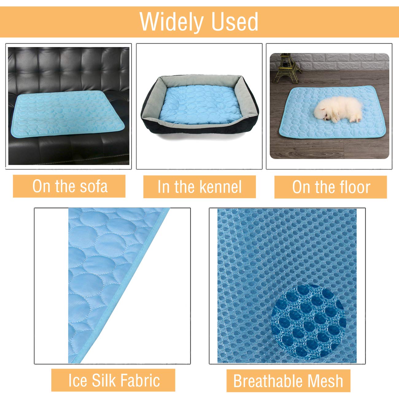 Wontee Pet Cooling Mat Dog Ice Silk Pad Blanket Washable Summer Sleeping Bed For Cats Dogs Kennel Sofa Bed Floor Travel Car Seats (Blue + Grey) (L)