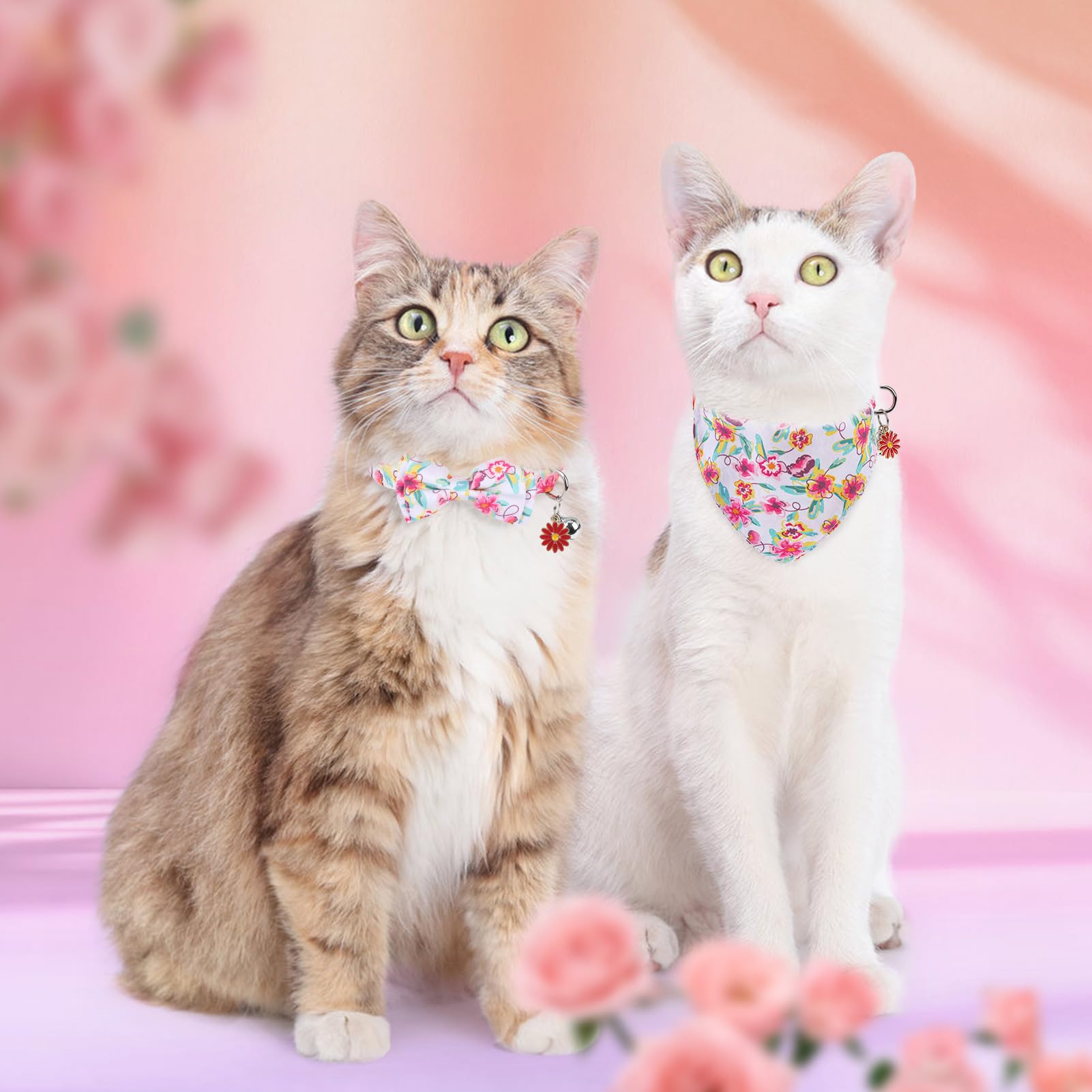 Scenereal Floral Cat Bandanas - 2 Pack Breakaway Collars With Bell Bowtie, Accessories For Pet Birthday, Adjustable Cute Cat Col