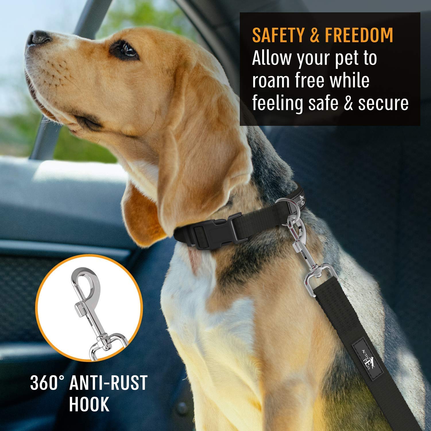 Active Pets Dog Car Harness - Nylon Seatbelt for Small & Large Dogs - Black - 1 Pack - Model UO-1DE5-0ZJ2