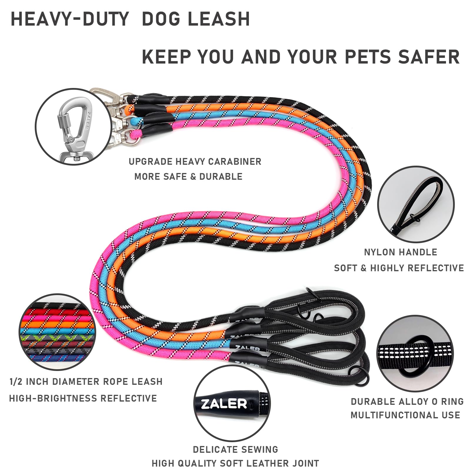 Zaler Rope Dog Leash - 4/5/6/10/15/20/30/50 Foot Reflective Leashes With Carabiner, Heavy Duty For Large And Medium Dogs (6Ft, B