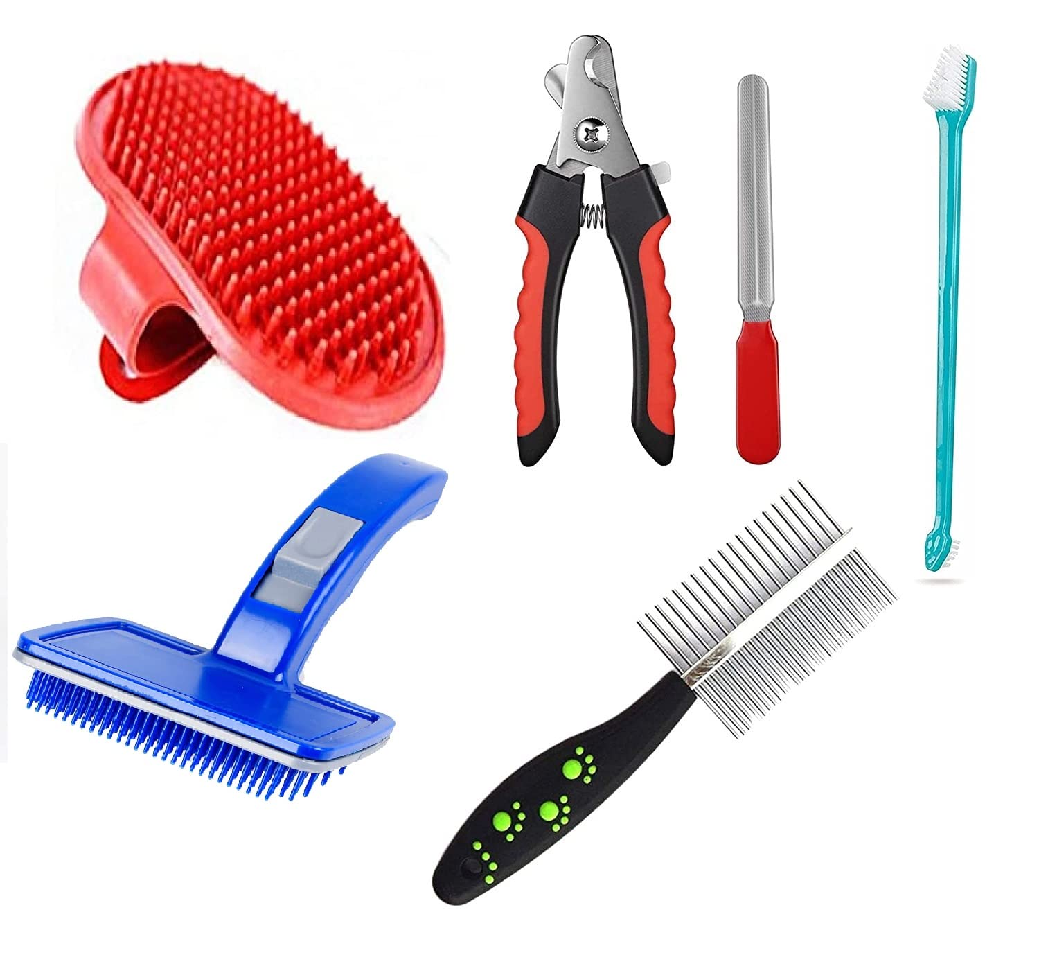 Psk Pet Mart 6 In 1 Dog Grooming Kit Bath Brush| | Toothbrush | Double Side Comb | Nail Cutter Small | Nail Filler | Pet Self Cl