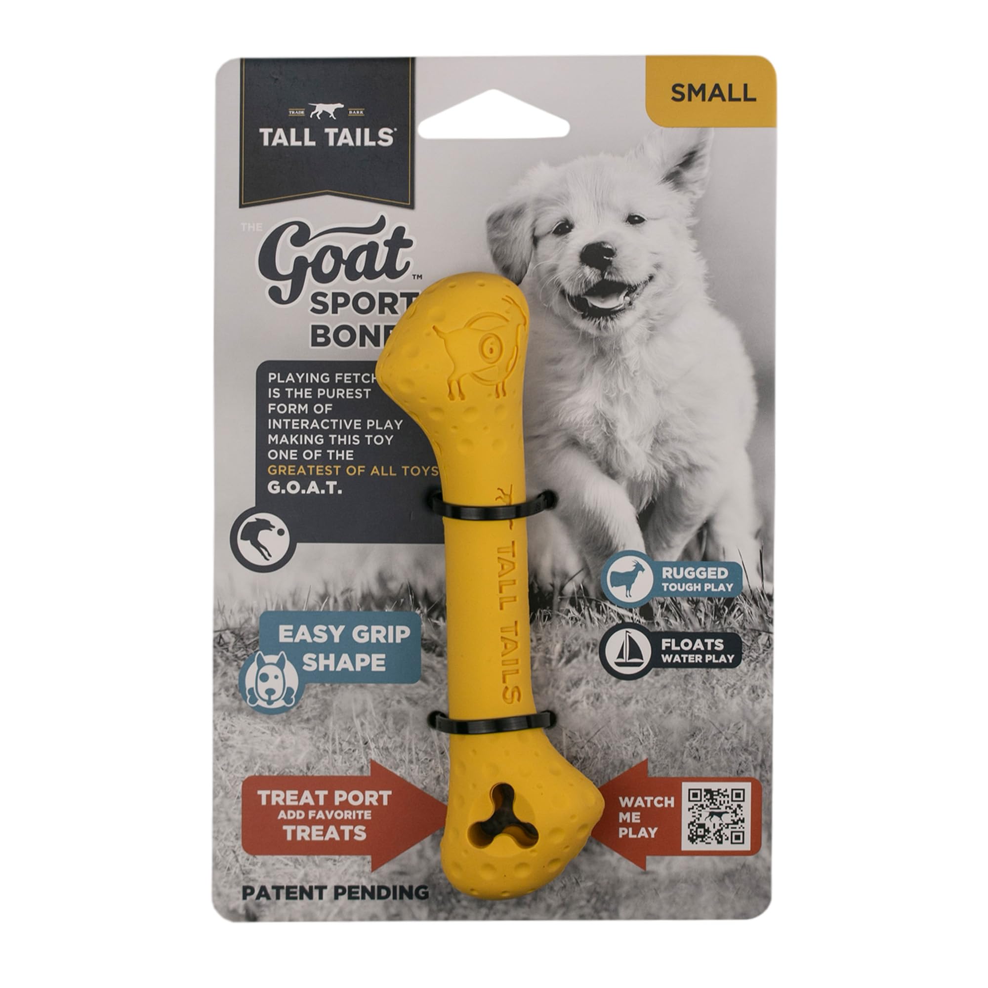 Tall Tails Goat Sport Fetch Bone Toy for Dogs, Small, Natural Rubber, Yellow, Model PT721