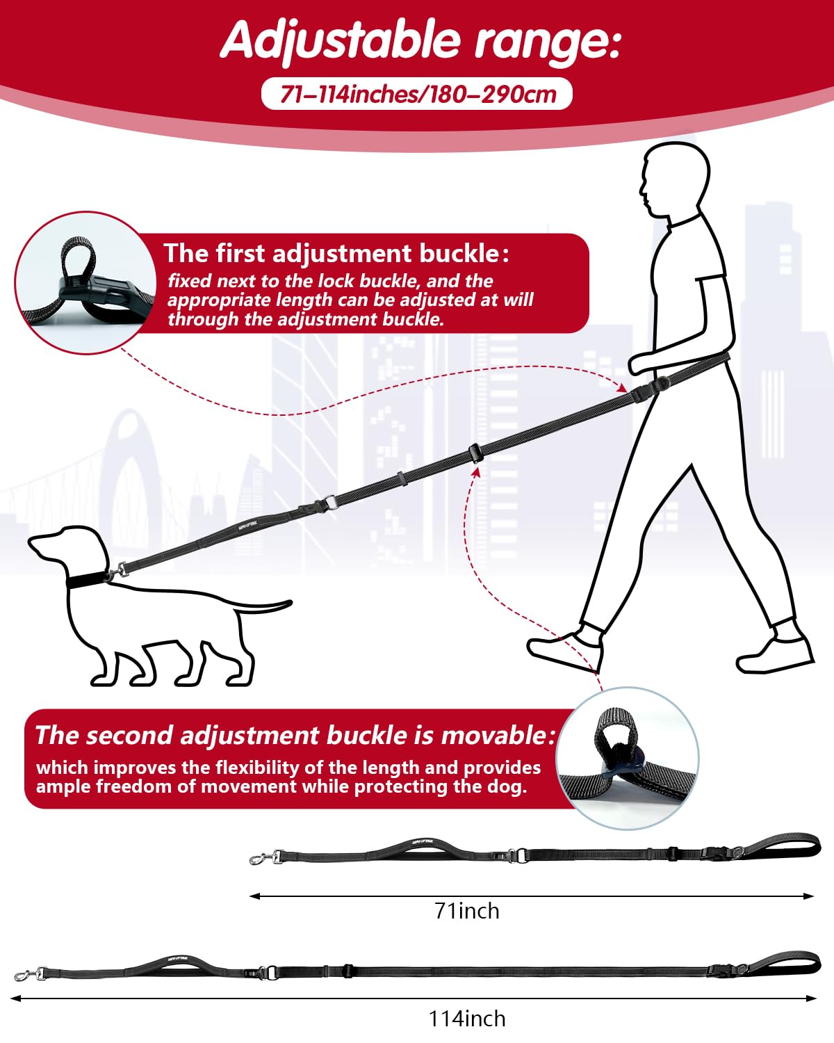 Wanfire Hands Free Dog Leash, Multifunctional Crossbody Dog Leash, 5.9-9.5Ft Long Waist Belt With Car Safety Buckle And Double-S
