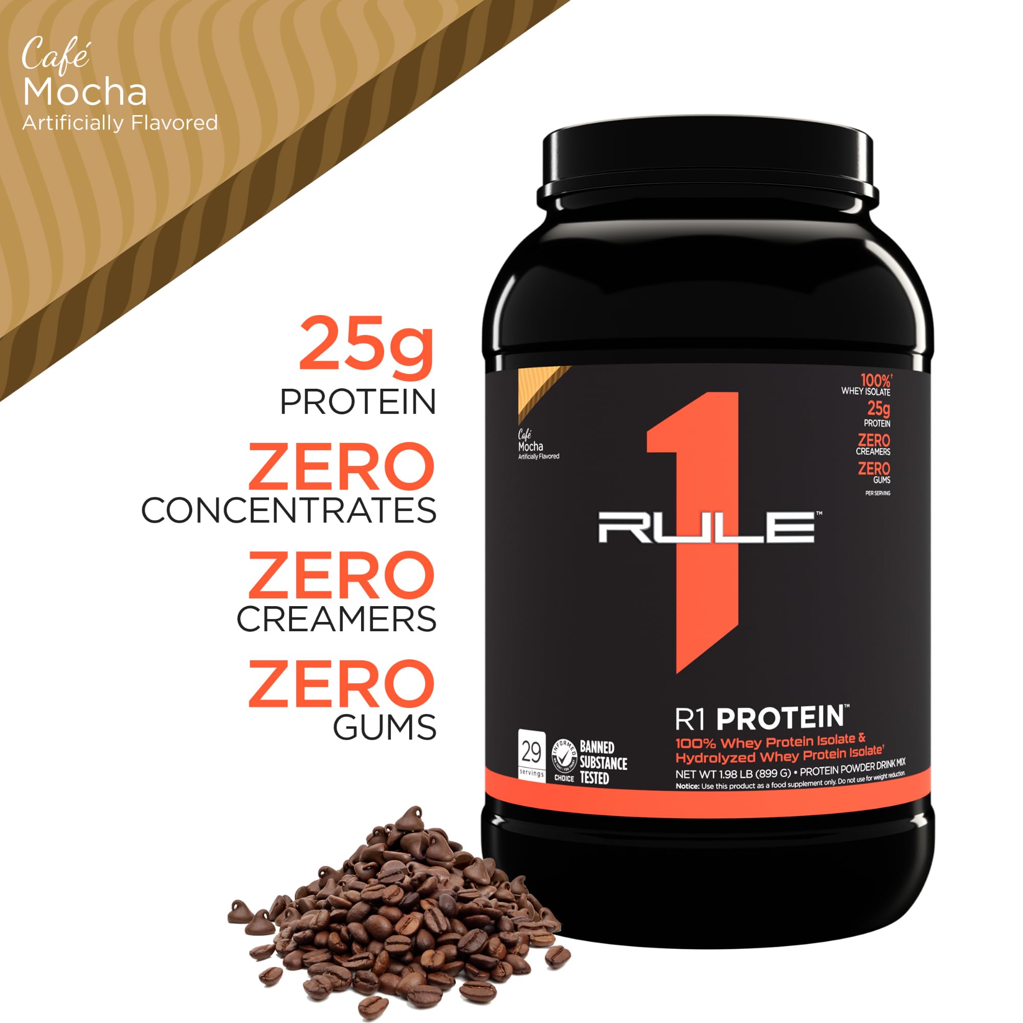 Rule One Proteins, R1 Protein - cafe Mocha, 25g Fast-Acting, Super-Pure 100 Isolate and Hydrolysate Protein Powder with 6g BcAAs