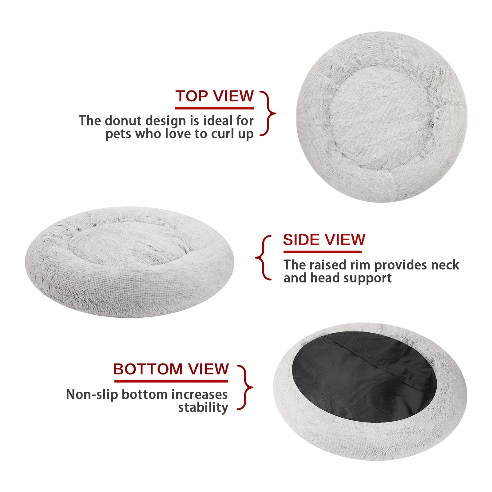 Bedfolks Calming Donut Dog Bed, Extra Large 45" Fluffy Plush, Light Grey, Anti-Anxiety, Washable with Non-Slip Bottom