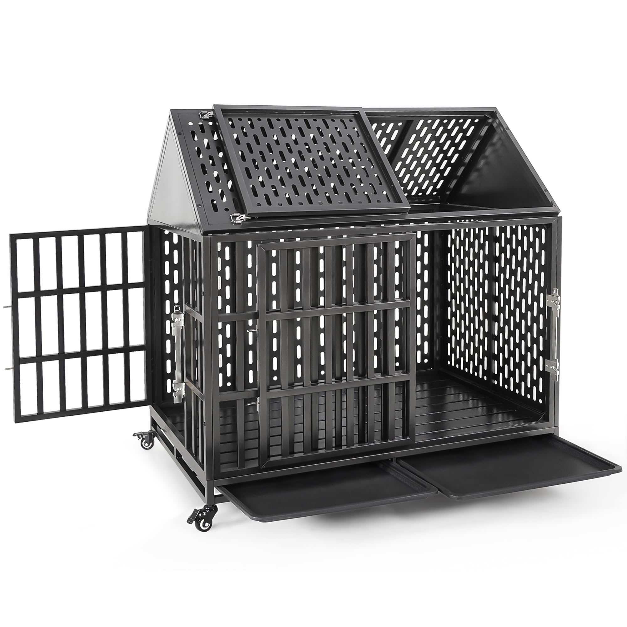 Huddycove 46 Inch Heavy Duty Dog Crate with Self-Locking Latch for High Anxiety Dogs, Indestructible Large Kennel Indoor with Po