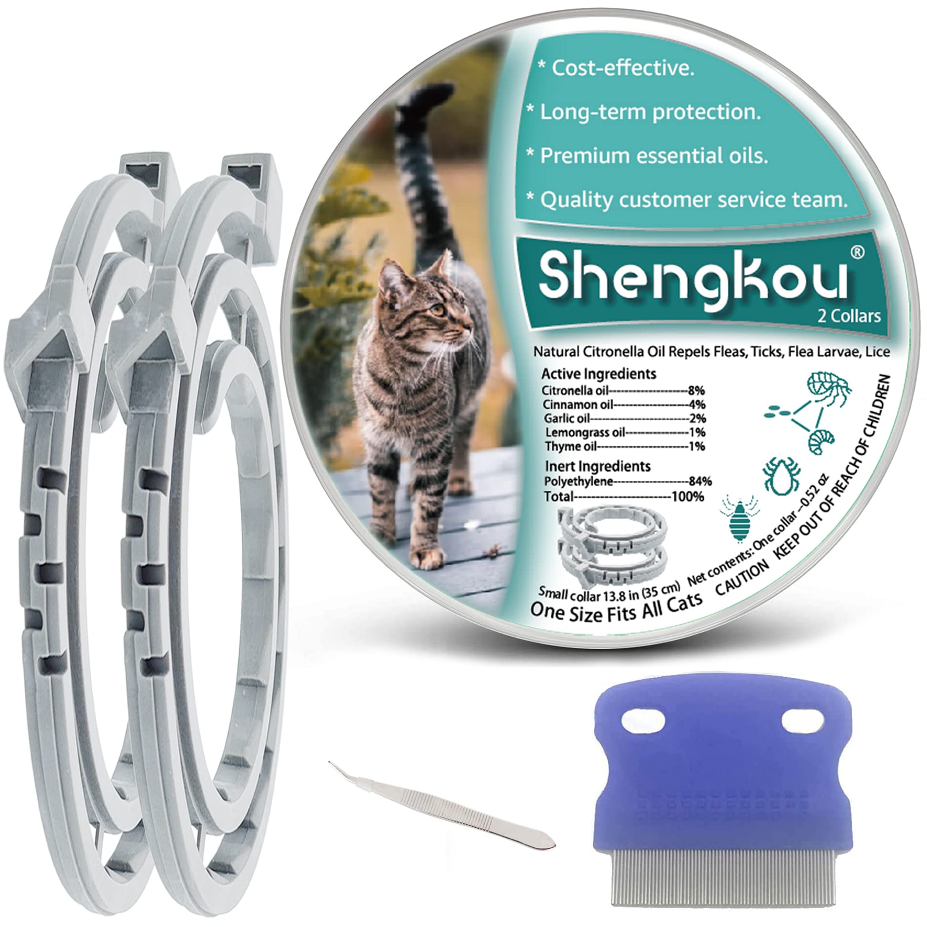 Flea And Tick Collar For Cat, Made With Premium Plant Based Essential Oil, Waterproof And Natural Treatment Prevention, Protection Of Small Kittens, Free Comb, 13.8 In (2 Packs)