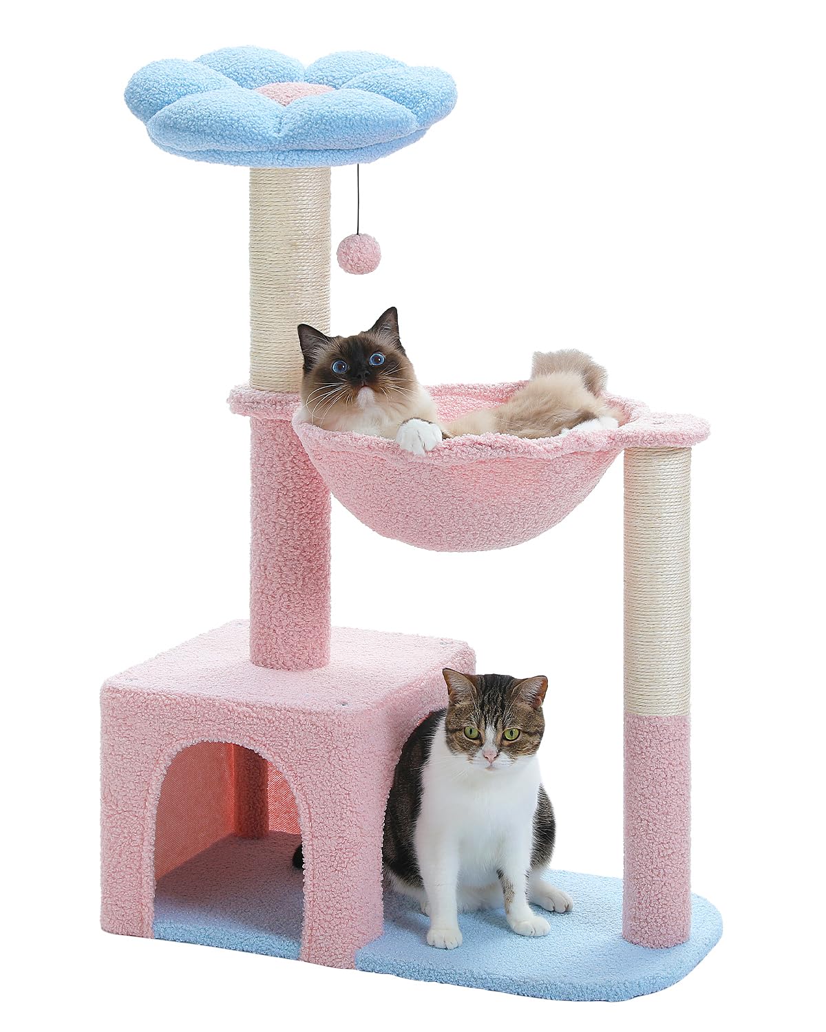 Muttros Flower Cat Tree With Large Metal Frame Hammock, 35' Pink Cat Tower With Sisal Scratching Posts For Small Indoor Cats, Cat Condo With Blue Top Perch For Kittens, Fluffy Ball, Pink