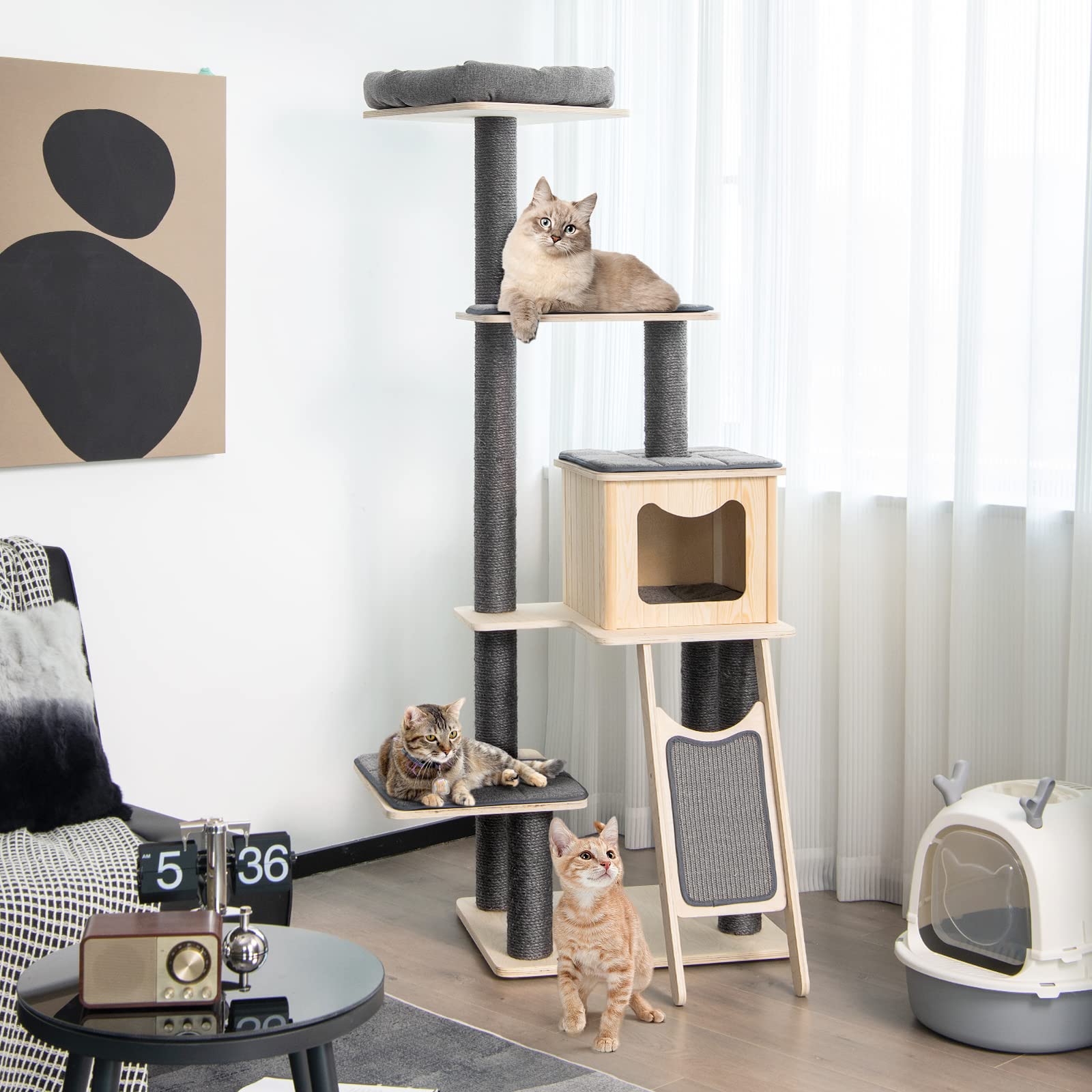 Tangkula Tall Cat Tree, 69 Inch 5-Tier Wood Cat Tower With Scratching Sisal Posts, Top Perch, Cute Cat Condo, Modern Cat Tree With Washable Cushions For Indoor Cats Large Adult (Grey)