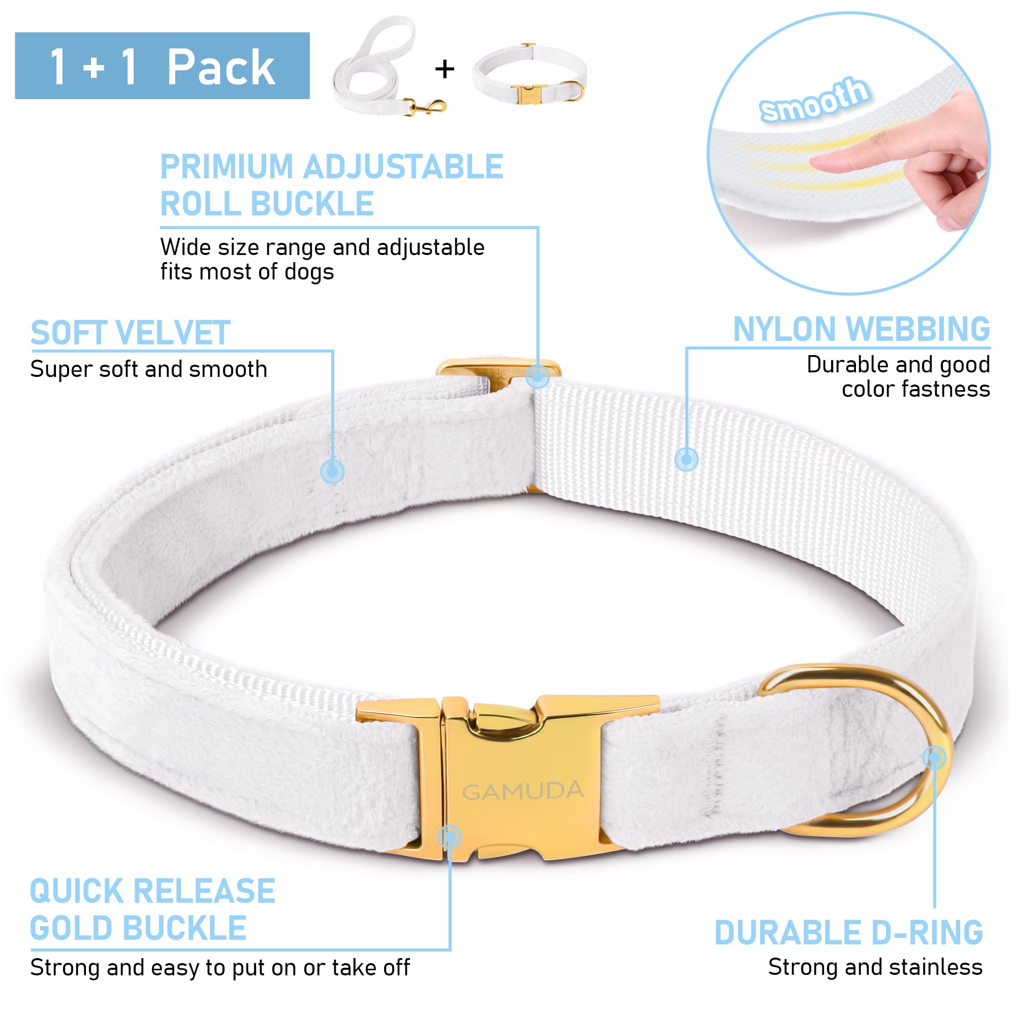 GAMUDA Velvet Dog Collar and Leash, Super Soft and Smooth, Heavy Duty Gold Buckle, Comfortable and Easy to Clean, Adjustable Col