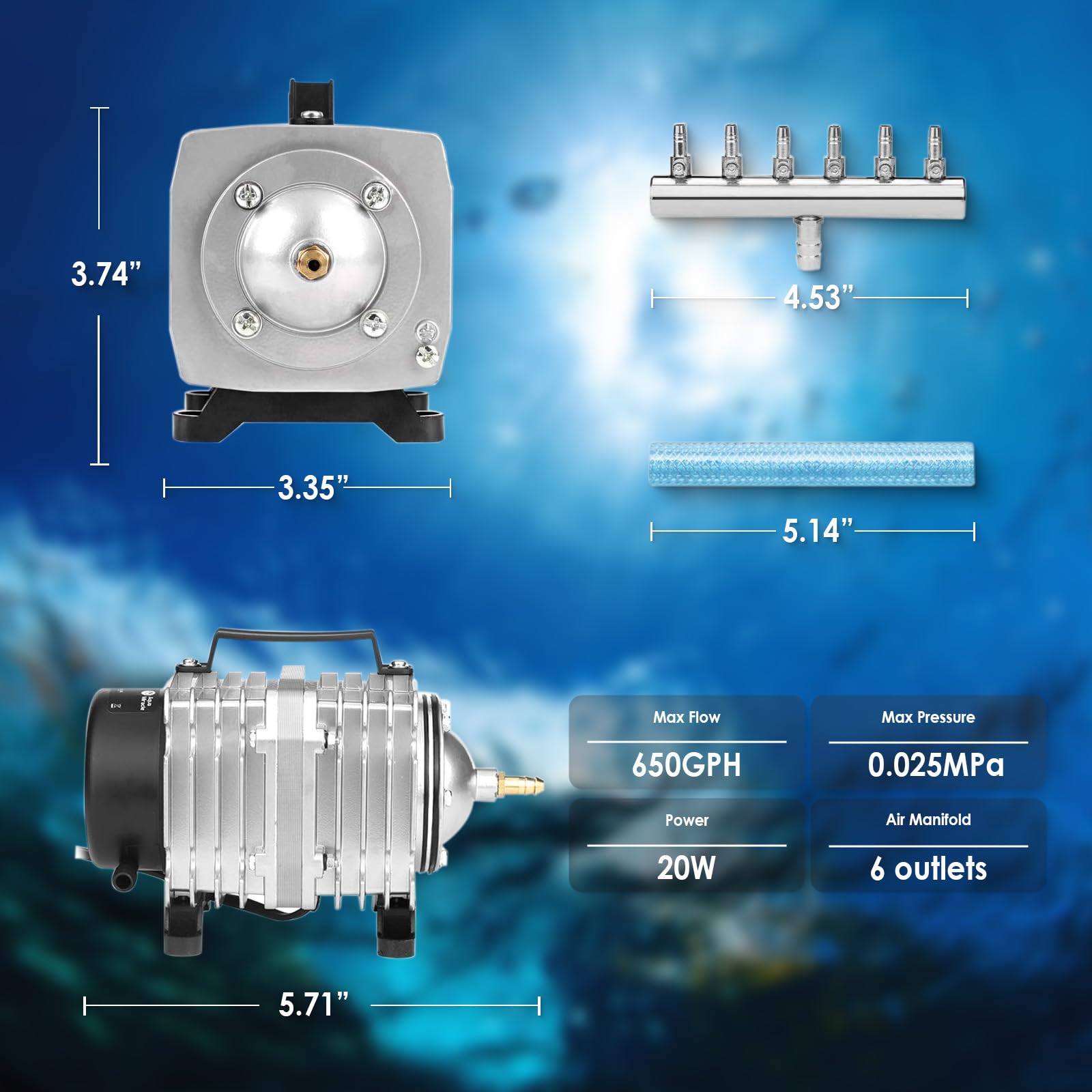 FUMAK Aquarium Air Pump - 650GPH Commercial Bubbler & Aerator, Model ACO-001, Hydroponic Use, Durable Aluminum Construction