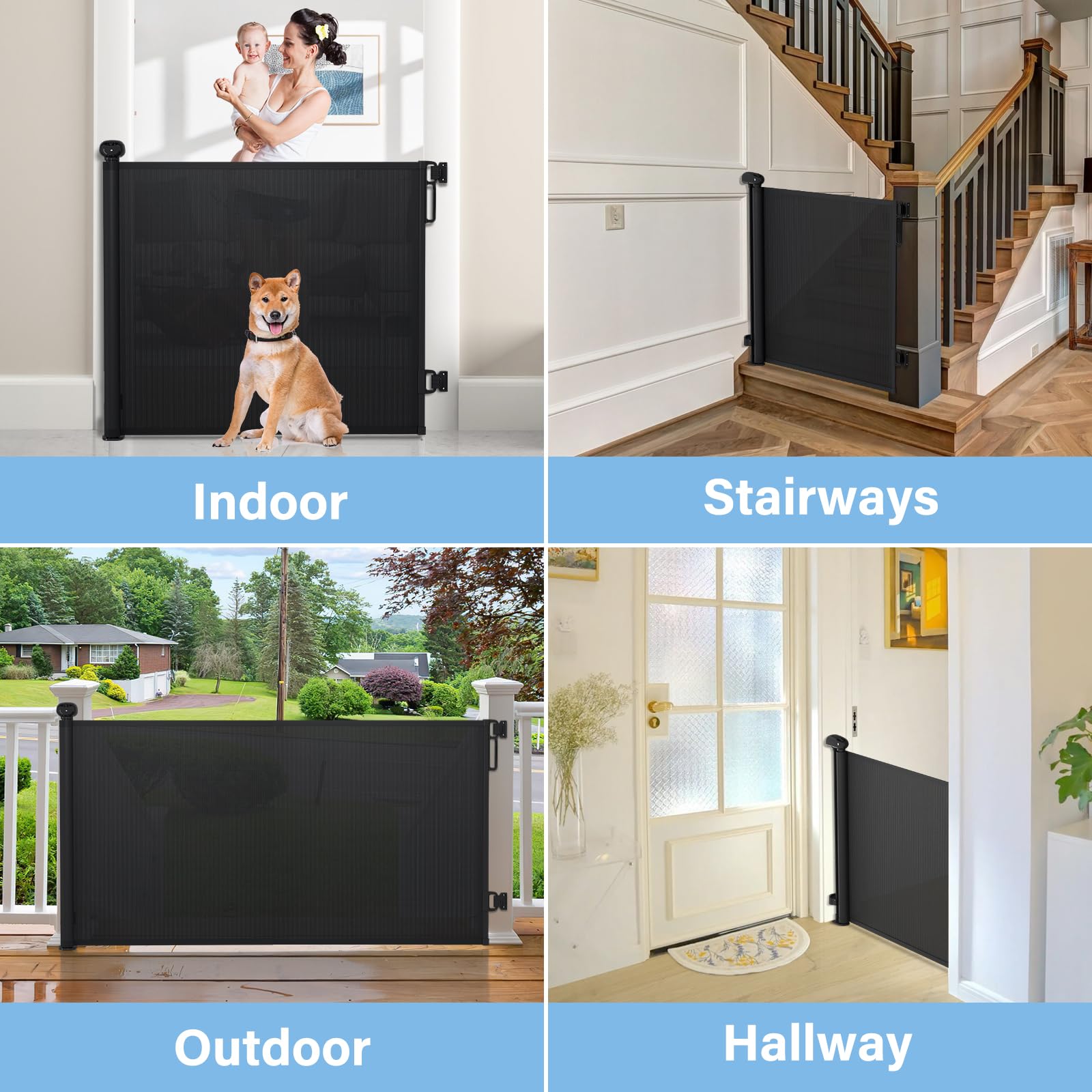 PRObebi Retractable Baby & Dog Gate - Extends to 72 Wide, 34 Tall, for Stairs, Doorways, Hallways, Outdoor, Deck, Porch