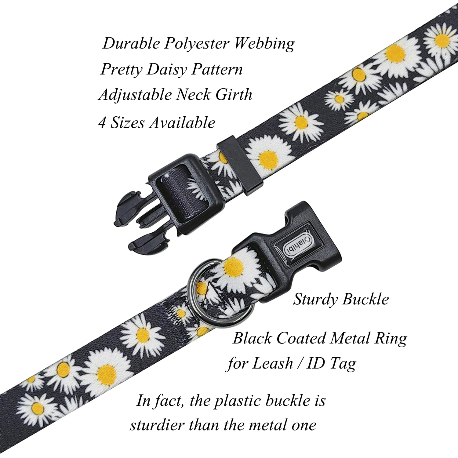 Olahibi Dog Collar And Leash Set, Cute Daisy Pattern, Polyester Material, 5Ft Leash, For Puppy Dogs.(Extra Small,Black Daisy)