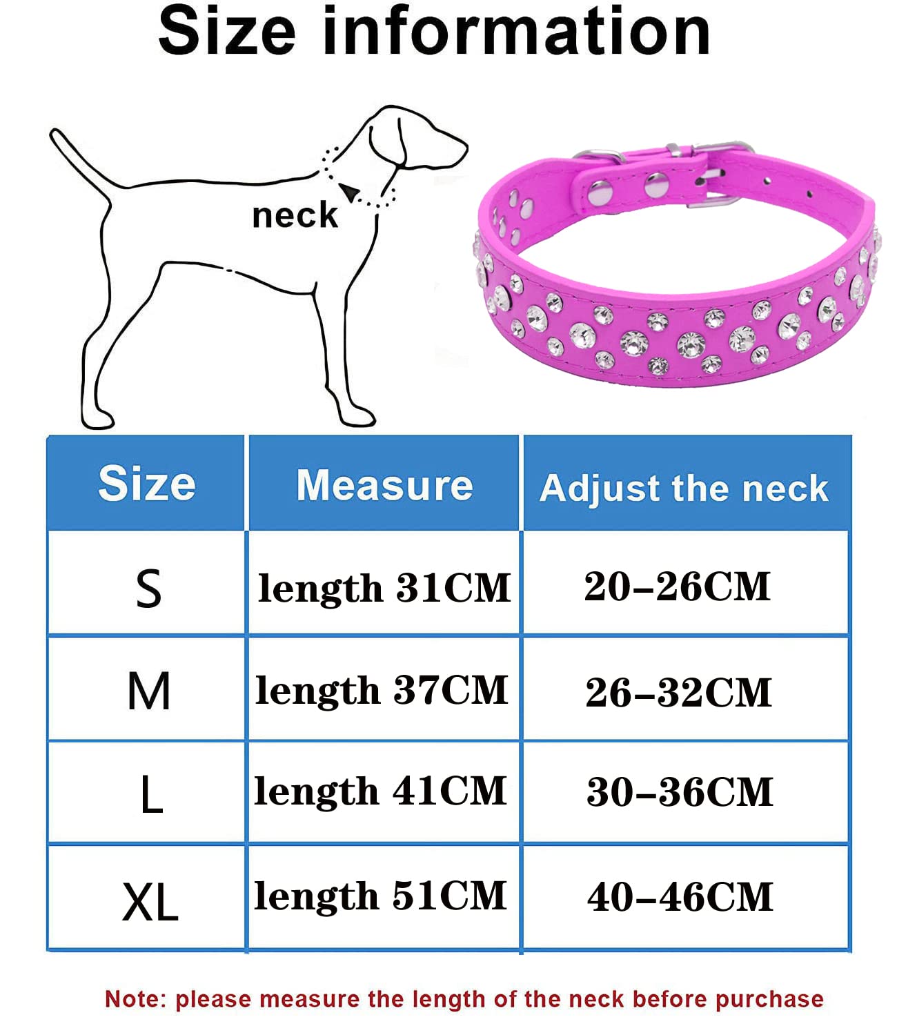 Pimaodog Rhinestone Dog Collar, Bling Rhinestone Pu Leather Crystal Diamond Pet Dog Cat Puppy Collar Black S M L Xl (M:26-32Cm, Pink)