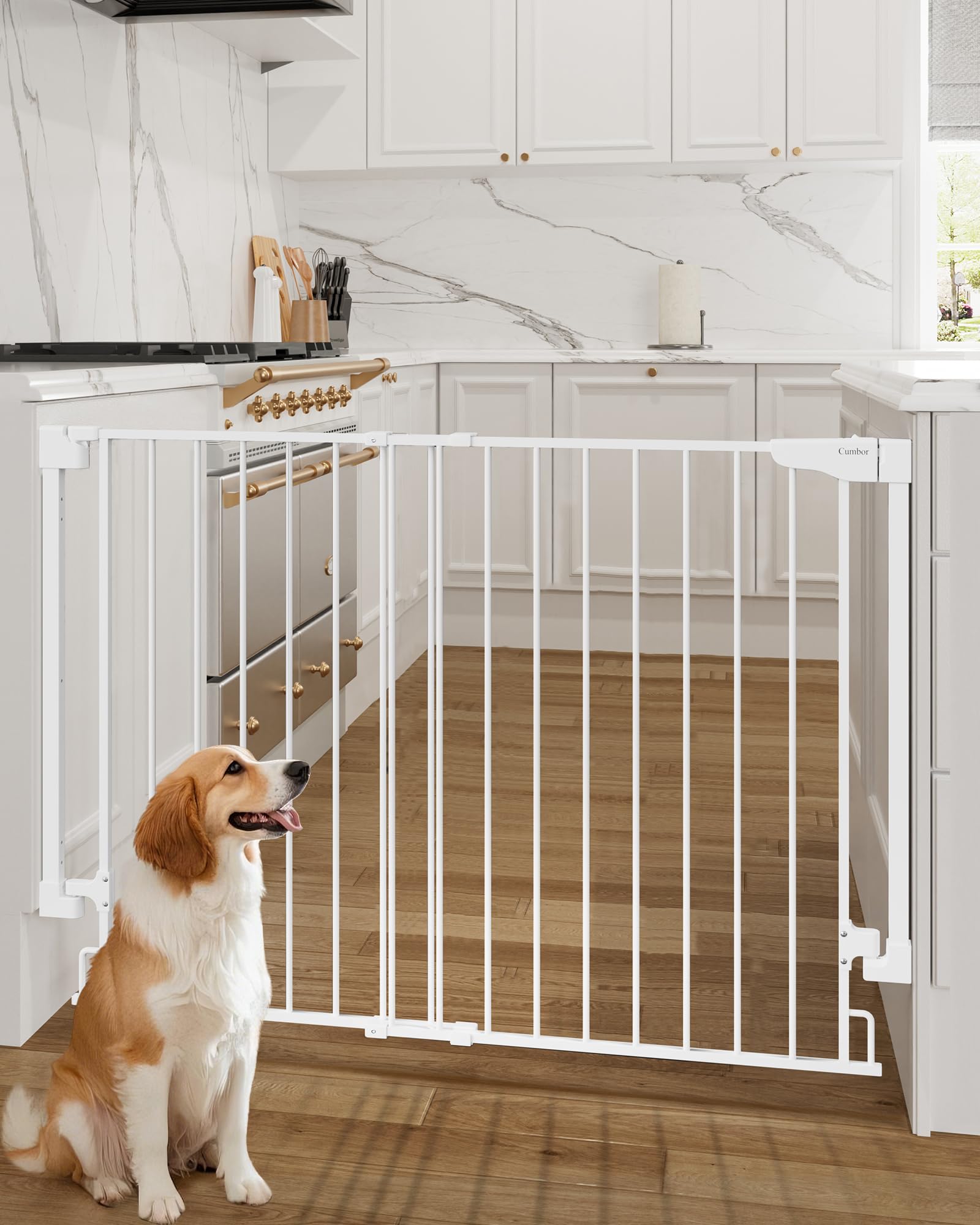 Cumbor 34 Extra Tall Baby Gate for Stairs, Wall-Mounted (Drill Required), Expandable 31.6-48 No Bottom Bar Dog Gate Indoor for L