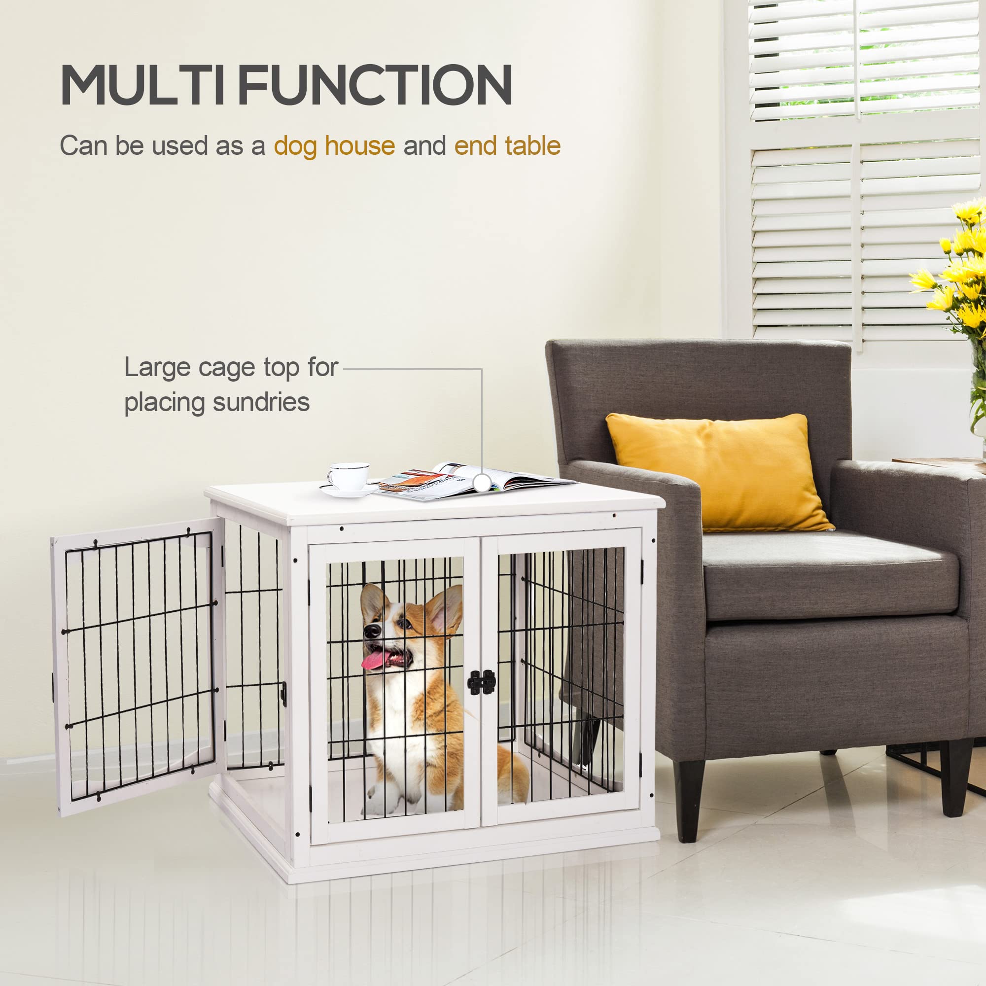 PawHut Dog Crate Furniture, Small Dog Cage End Table with Two Opening Sides, Lockable Door, Puppy Kennel Indoor, Cute and Decora